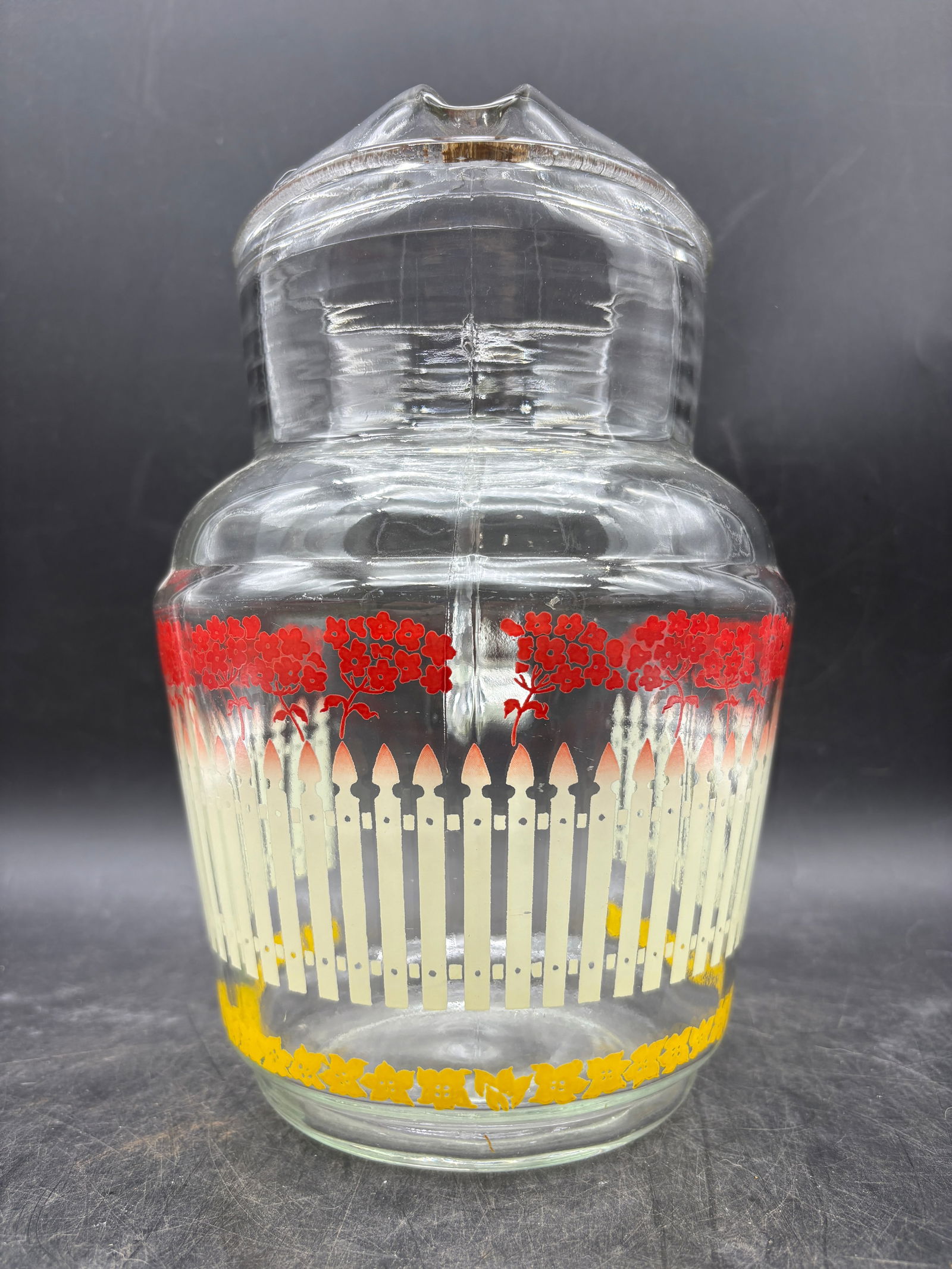 1950's Glass Pitcher Flowers Picket Fence and Set of 5 Glasses Juice Lemonade - 3