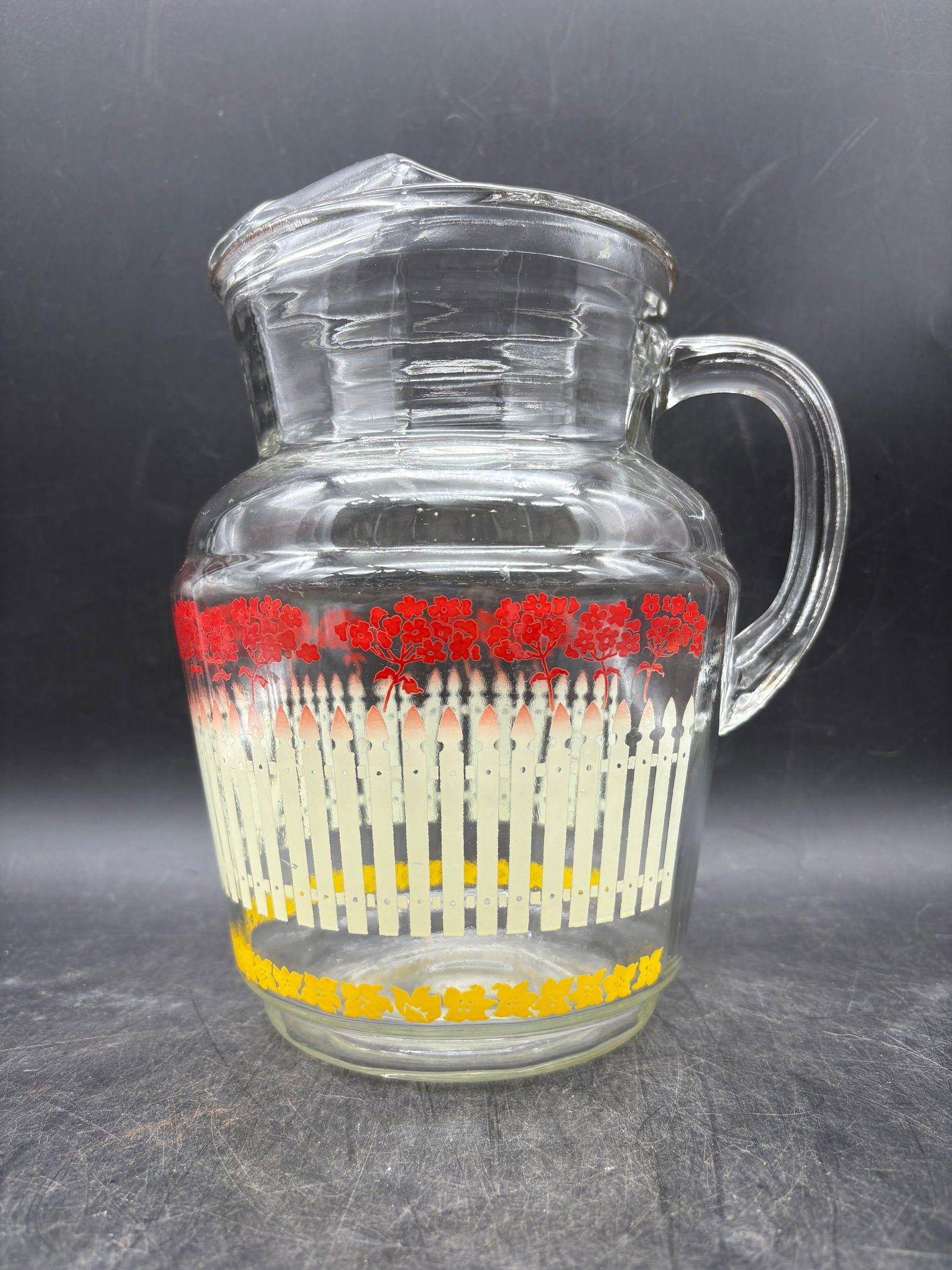 1950's Glass Pitcher Flowers Picket Fence and Set of 5 Glasses Juice Lemonade - 4