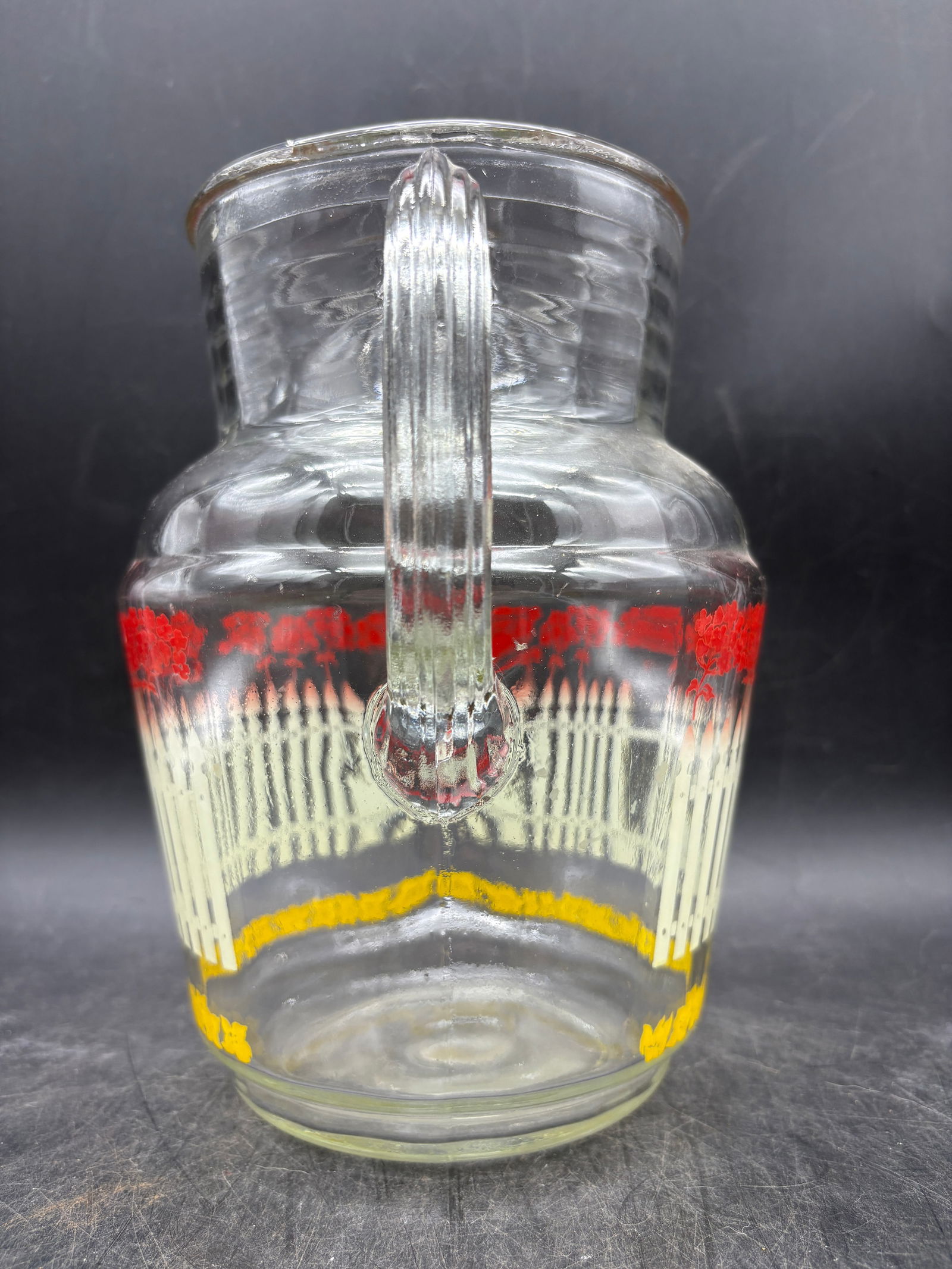 1950's Glass Pitcher Flowers Picket Fence and Set of 5 Glasses Juice Lemonade - 5