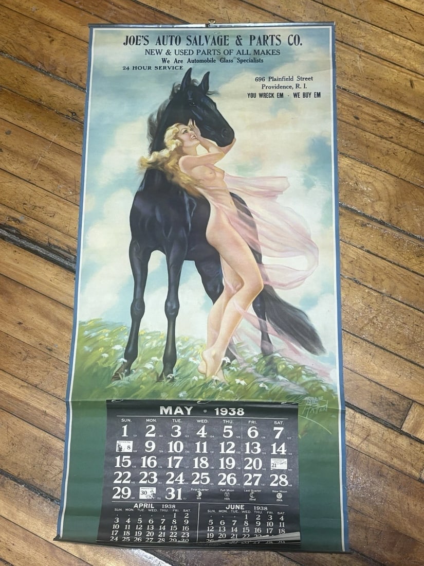 1938 Irene Patten Pin Up Girl Calendar Joe’s Auto Co Providence RI: It measures 33” x 15 7/8” and is artist signed and dated 1938. The calender pad has may through December. It has wear as shownin the photos. Itene patten was a prominent pin up girl