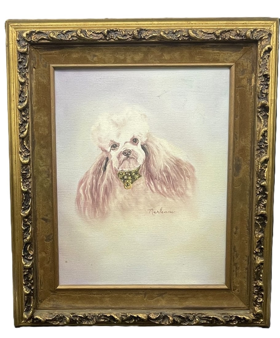 Vintage Poodle Oil On Canvas Portrait Original Signed Flocked Frame: Date/Period: unknownDimension: Framed size 20 x 17"Material: oil on canvasAdditional Information: Vintage Poodle Oil On Canvas Portrait Original Signed Flocked Frame Shipping:Domestic: Flat-rate of