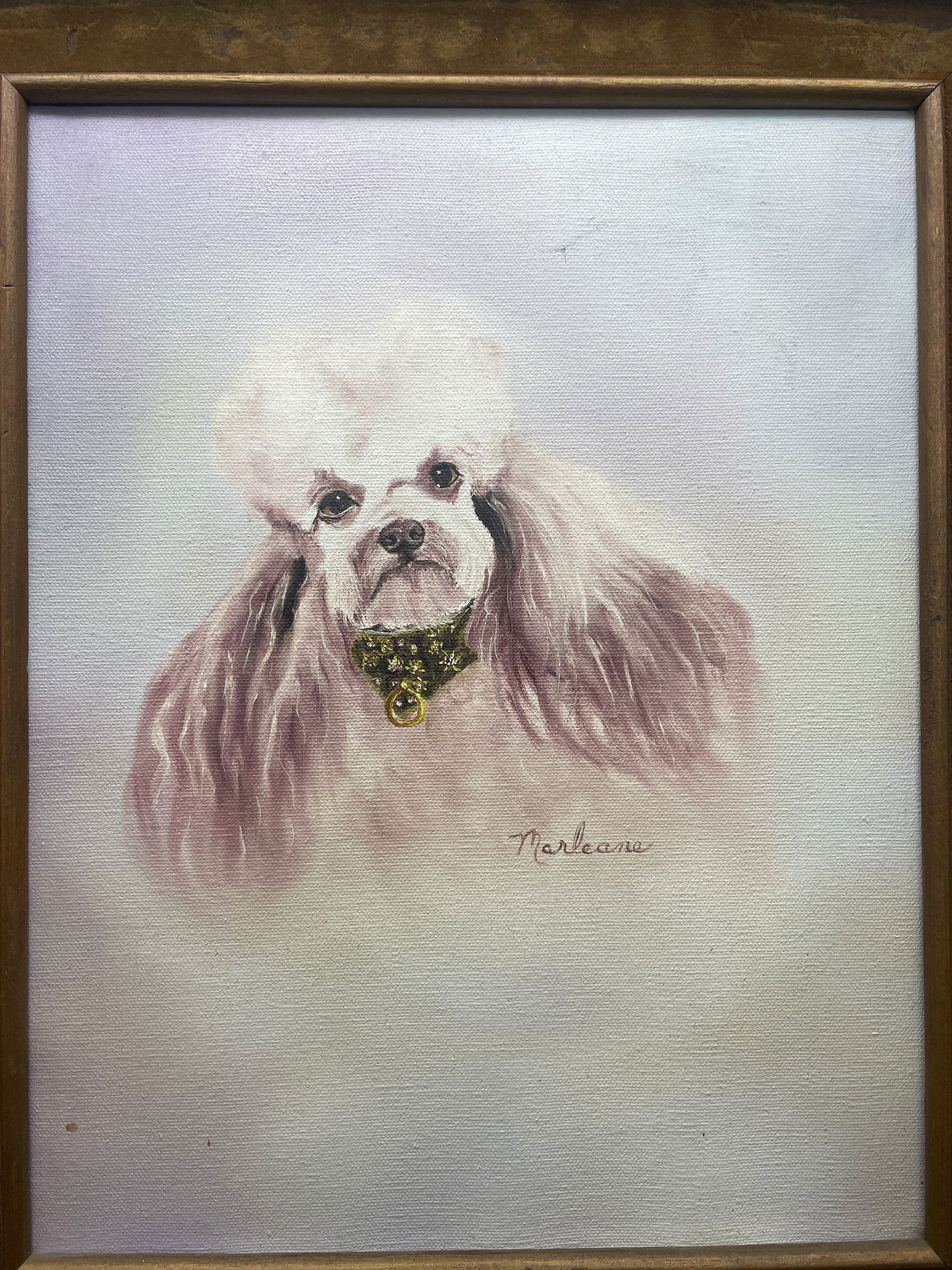 Vintage Poodle Oil On Canvas Portrait Original Signed Flocked Frame - 2