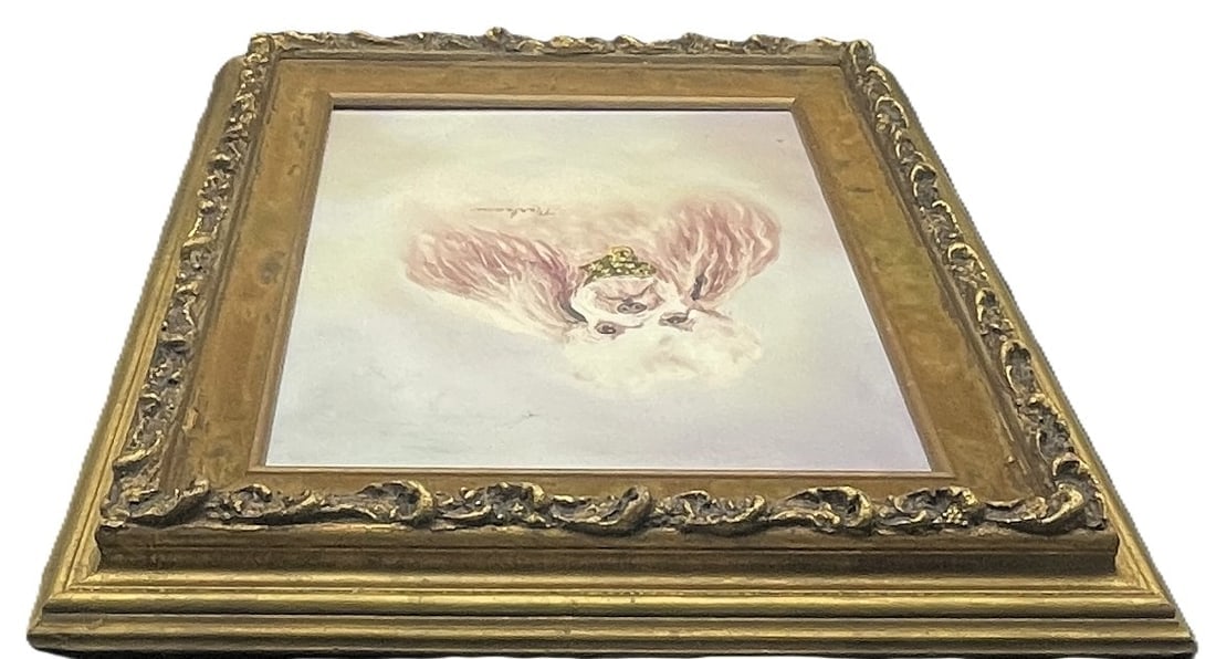 Vintage Poodle Oil On Canvas Portrait Original Signed Flocked Frame - 8
