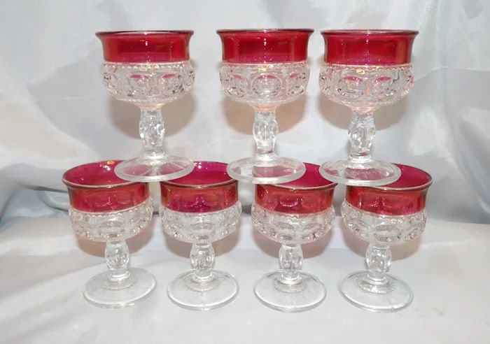 Tiffin Franciscan King's Crown Ruby Flash Footed Dish: Additional Tiffin Franciscan King's Crown footed dish with ruby flash detail and the classic thumbprint motif. Shipping: Domestic: Flat-rate of $21.00 to anywhere within the contiguous U.S. Internatio