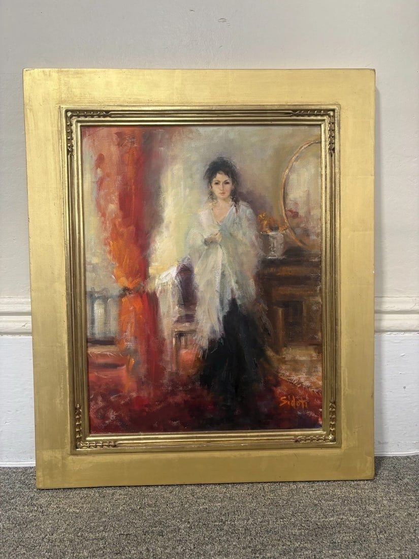 Rosalie Sidoti Facona In A Moment Oil On Canvas Painting: The frame measures 23 1/2” x 19 1/2” and the canvas measures 18” x 14”. It is artist signed in the lower right hand corner and on the verso. It is in good condition and is