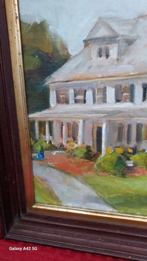 Impressionist Oil Painting House With People On Lawn 1920 Great Look. - 2