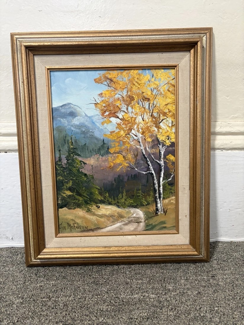 Ann Mcfarren Oil On Canvas Landscape Painting: The frame measures 17” x 14” and the canvas measures 12” x 9”. It is artist signed in the lower left hand corner. It is in good condition and is being sold as is 