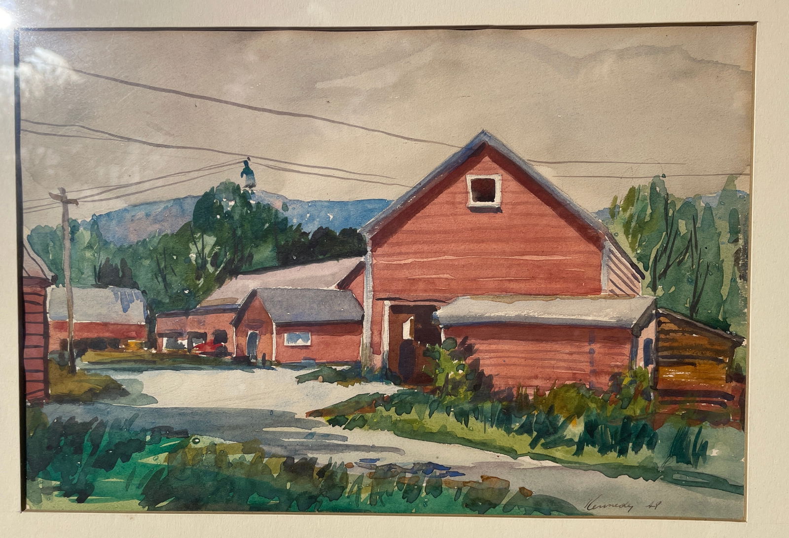 1949 Signed Watercolor Painting Red Barn Farm Scene - 2