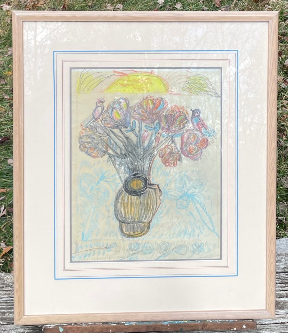 Outsider Art Flower Painting on Paper Framed Signed SADIE EPSTEIN: Date/Period: unknownDimension: Approx. 27" tall x 22" wideMaterial: charcoal or possible pastel on paperAdditional Information: Naive Flower Painting on Paper Framed Signed Sadie Epstein. Has a