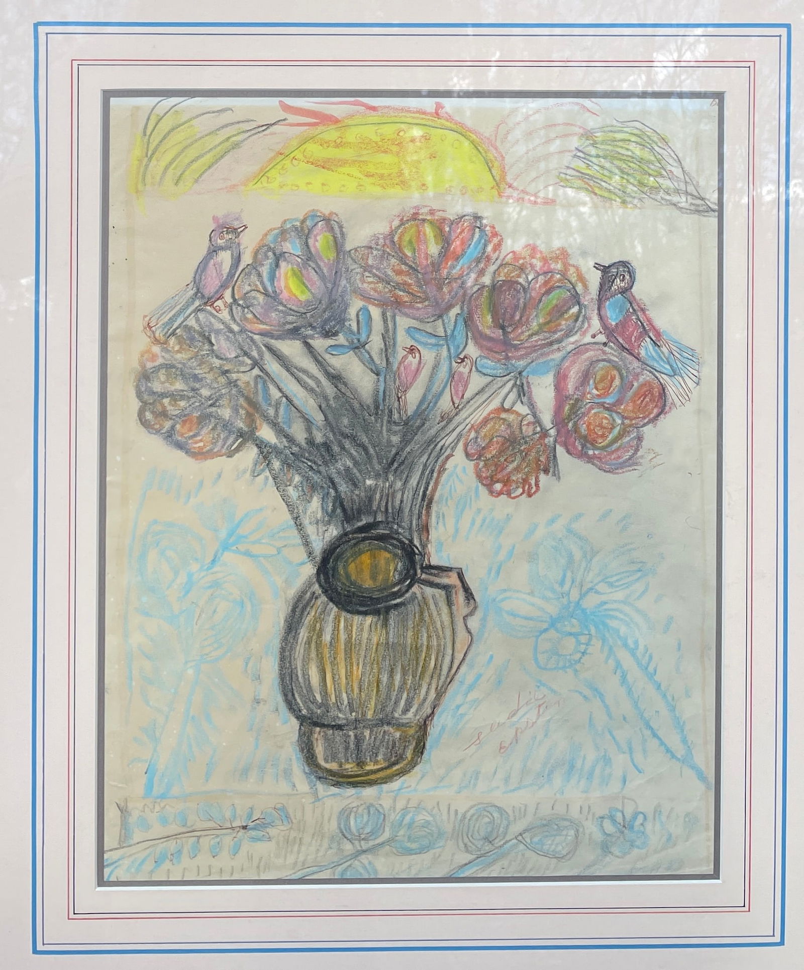 Outsider Art Flower Painting on Paper Framed Signed SADIE EPSTEIN - 2