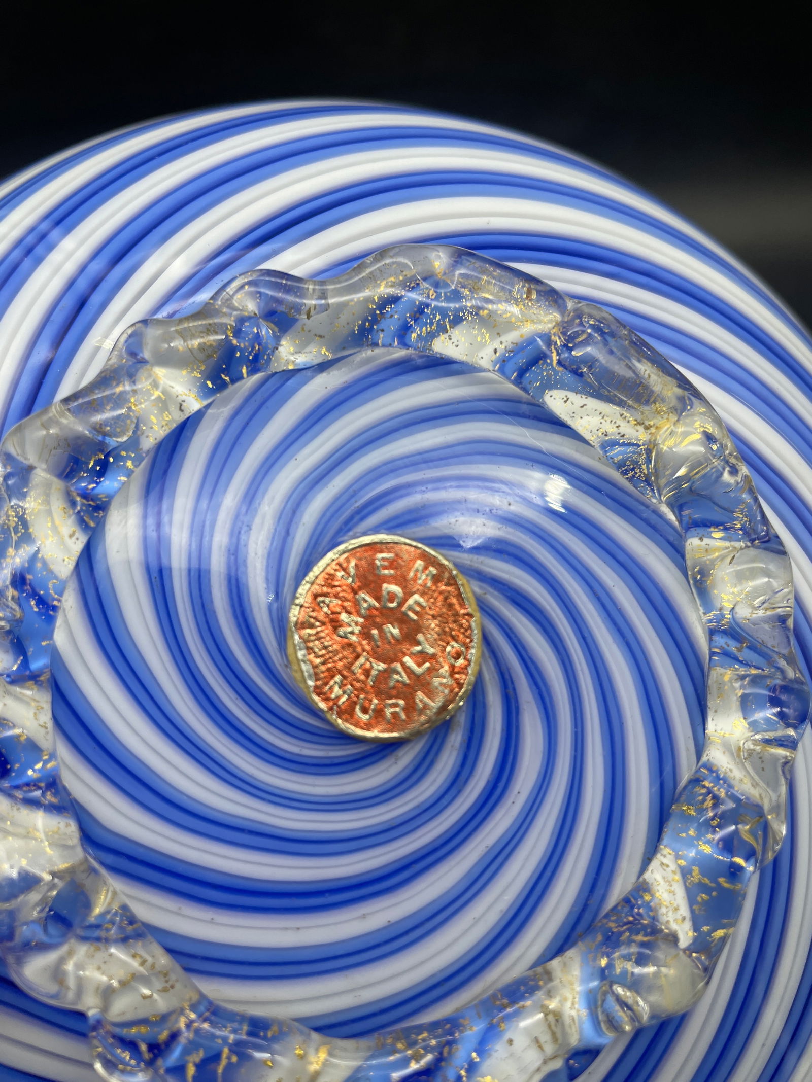 Vintage Murano Blue White Gold Latticino Bowl - 8