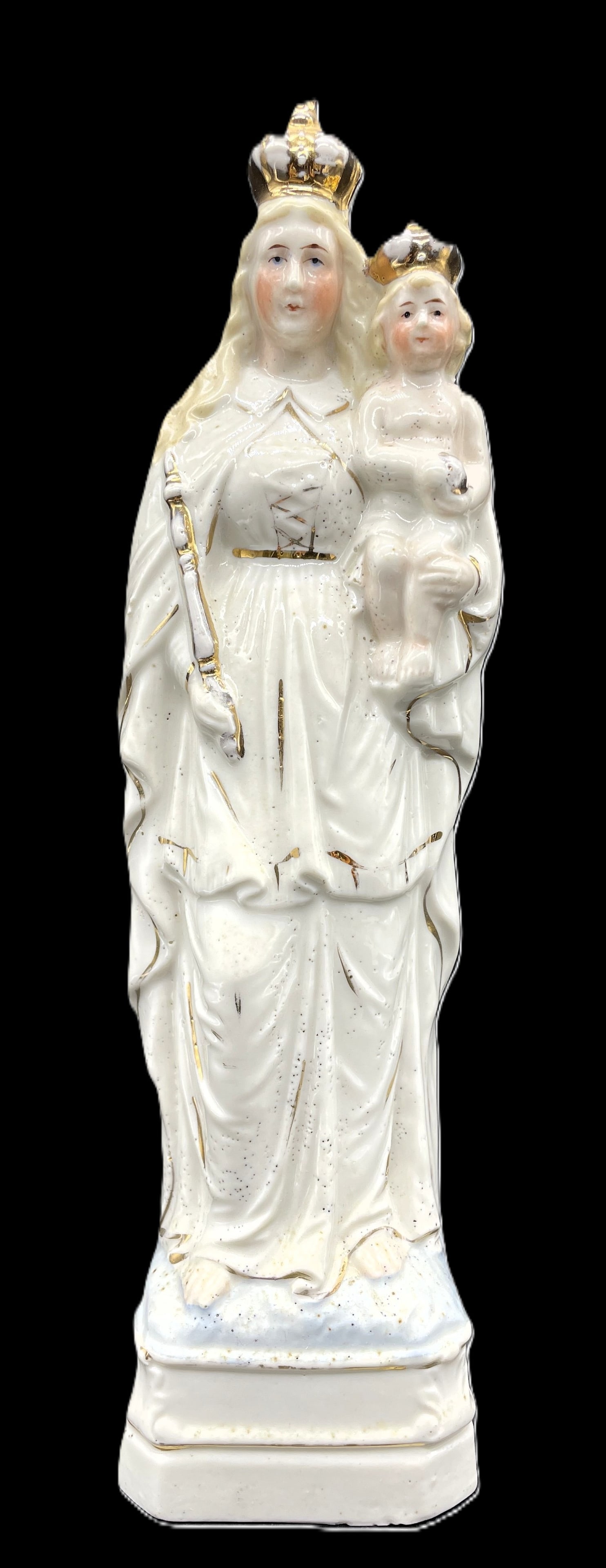 ANTIQUE BRUSSELS PORCELAIN MADONNA & CHILD CROWNS STATUE FIGURINE RELIGIOUS MARKED 269: Date/Period: 19TH CENTURYDimension: APPROX. 11"Material: PORCELAINAdditional Information: ANTIQUE BRUSSELS PORCELAIN MADONNA & CHILD CROWNS STATUE FIGURINE RELIGIOUS MARKED 269 Shipping:Domestic: