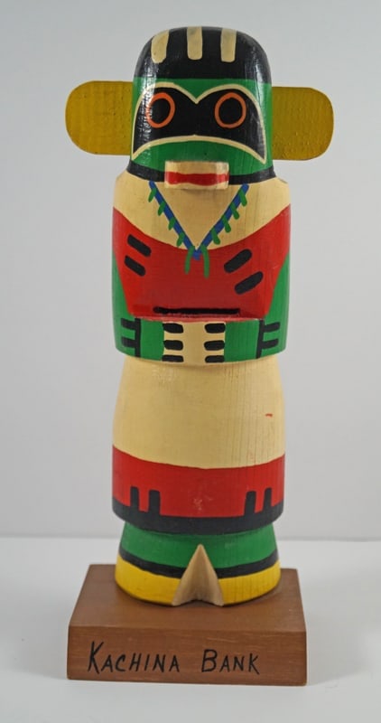 Vintage Totem Pole Doll Wooden Still Bank #1: Title: Vintage Totem Pole Doll Wooden Still Bank #1Dimension: 11 ¾” tall x 5” wide x 3 ½” deepDate: Ca. 1940’s – early 50’s.Additional Information: