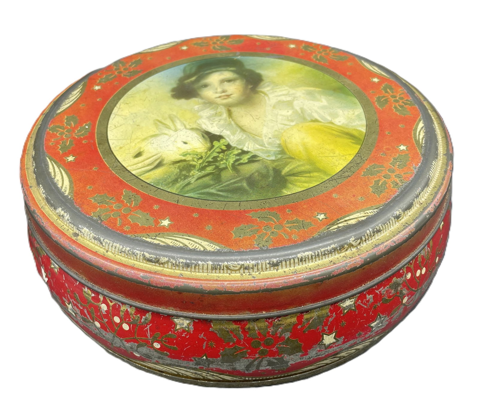 VINTAGE PEEK FREAN CO LONDON ENGLAND COOKIE BISCUIT TIN CHILD w Rabbit: Date/Period: unknownDimension: approx 8 x 2.5Material: metalAdditional Information: Charming biscuit tin shows a child with a bunny rabbit Shipping:Domestic: Flat-rate of $12.00 to anywhere within