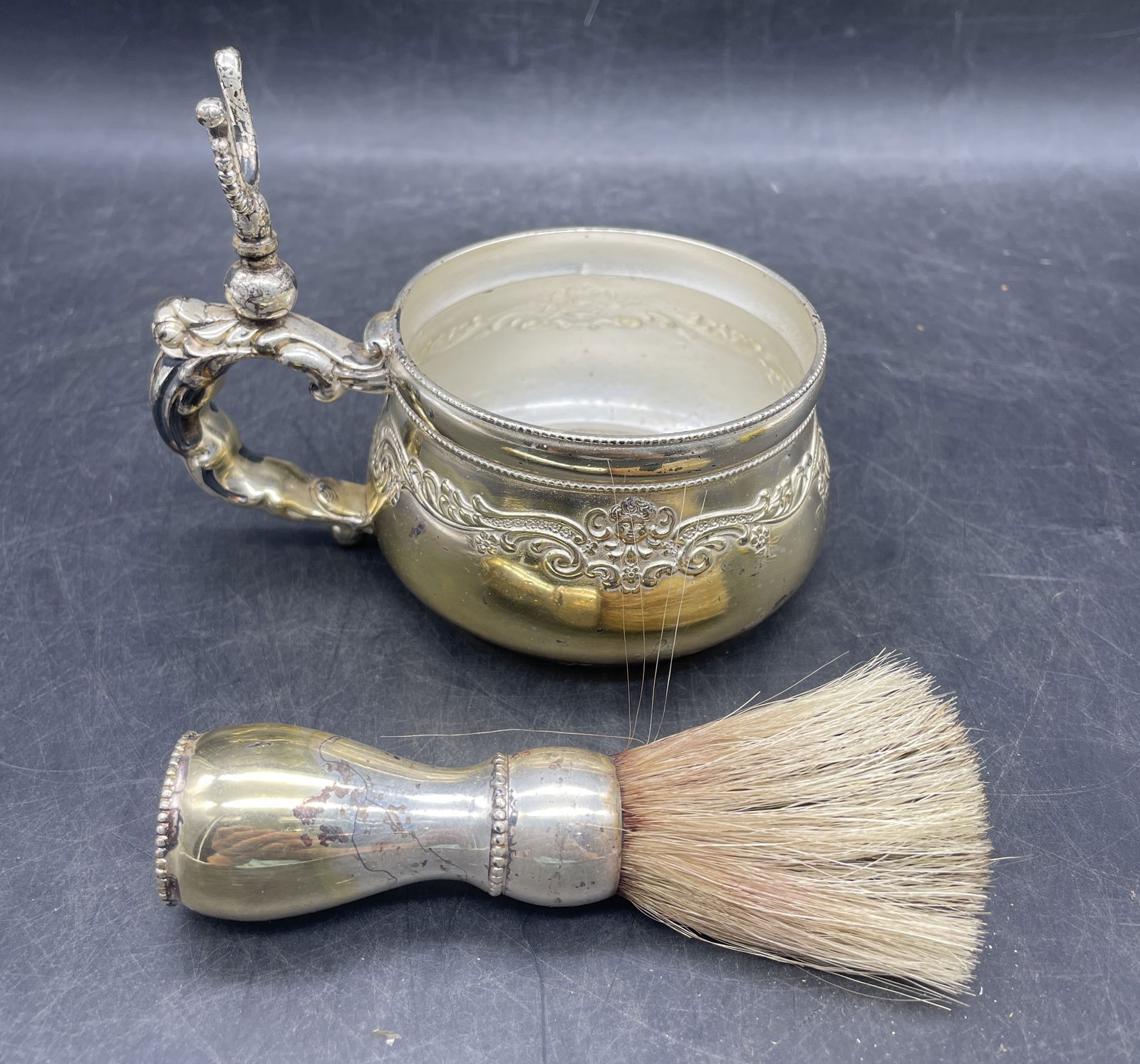 Antique Victorian Derby Silver Co. Quadruple Plate Shaving Mug Cup With Brush - 2