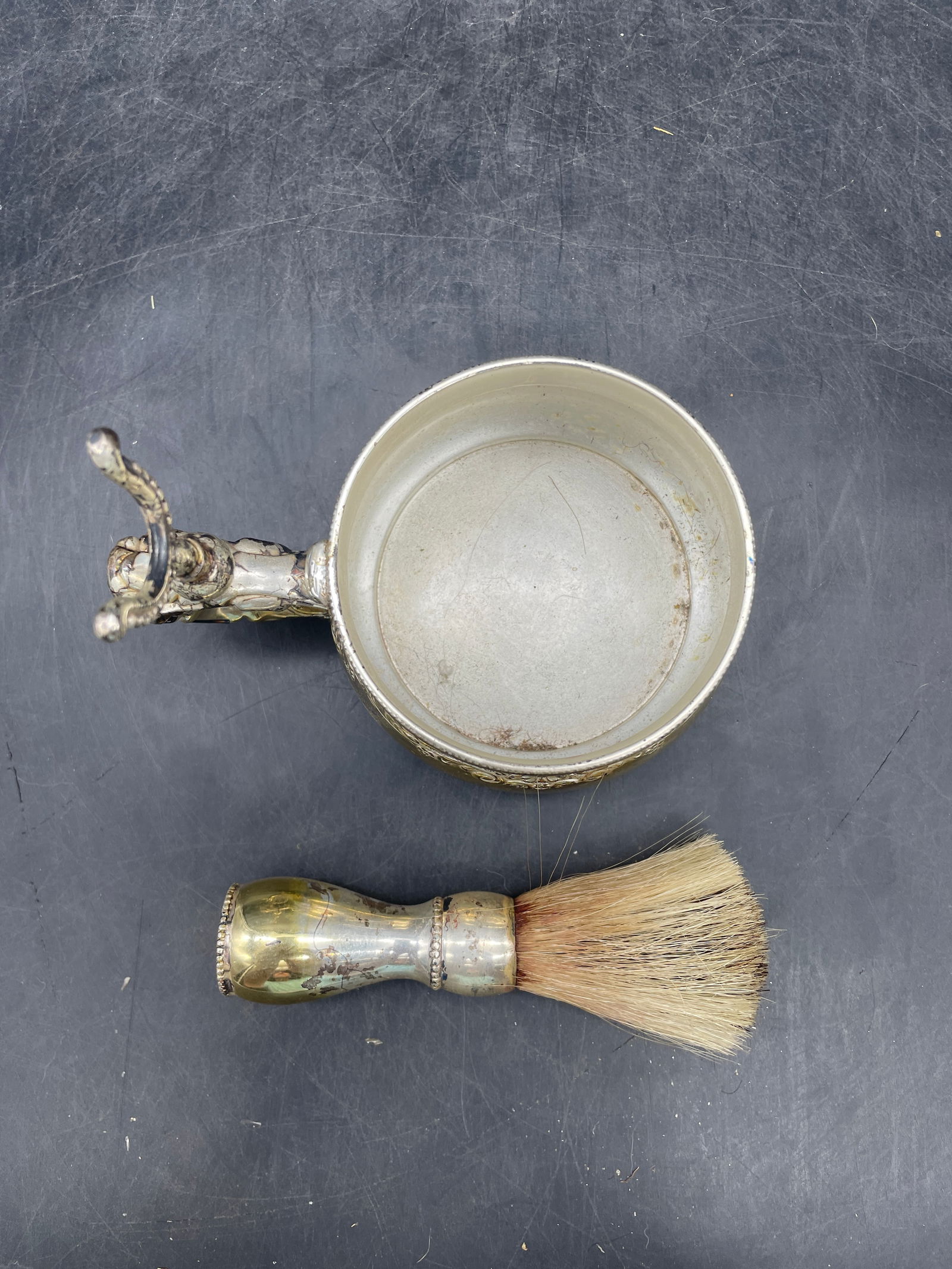 Antique Victorian Derby Silver Co. Quadruple Plate Shaving Mug Cup With Brush - 3