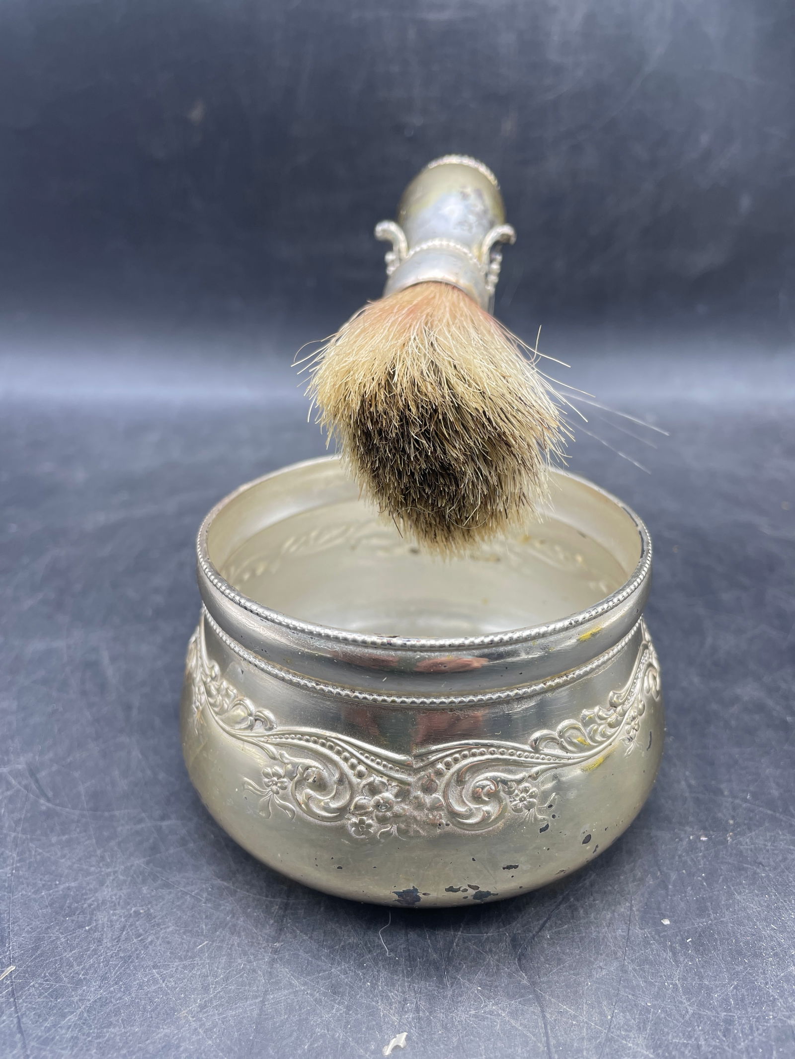 Antique Victorian Derby Silver Co. Quadruple Plate Shaving Mug Cup With Brush - 4