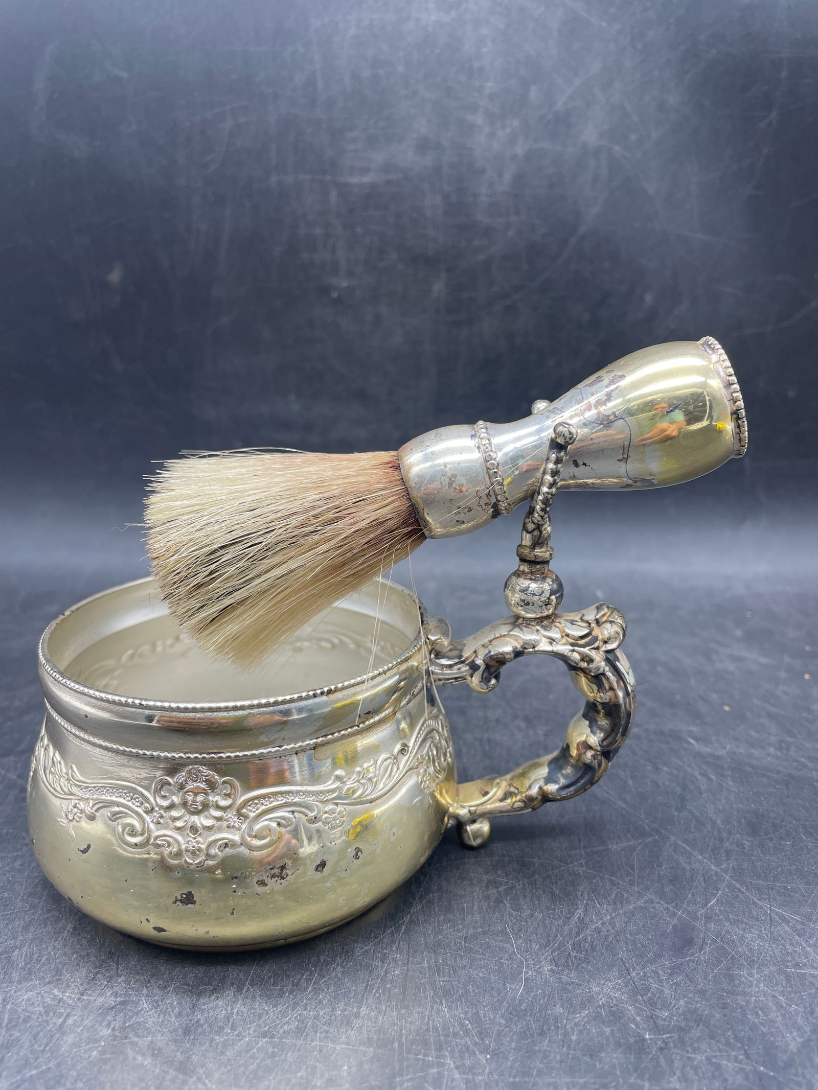 Antique Victorian Derby Silver Co. Quadruple Plate Shaving Mug Cup With Brush - 5