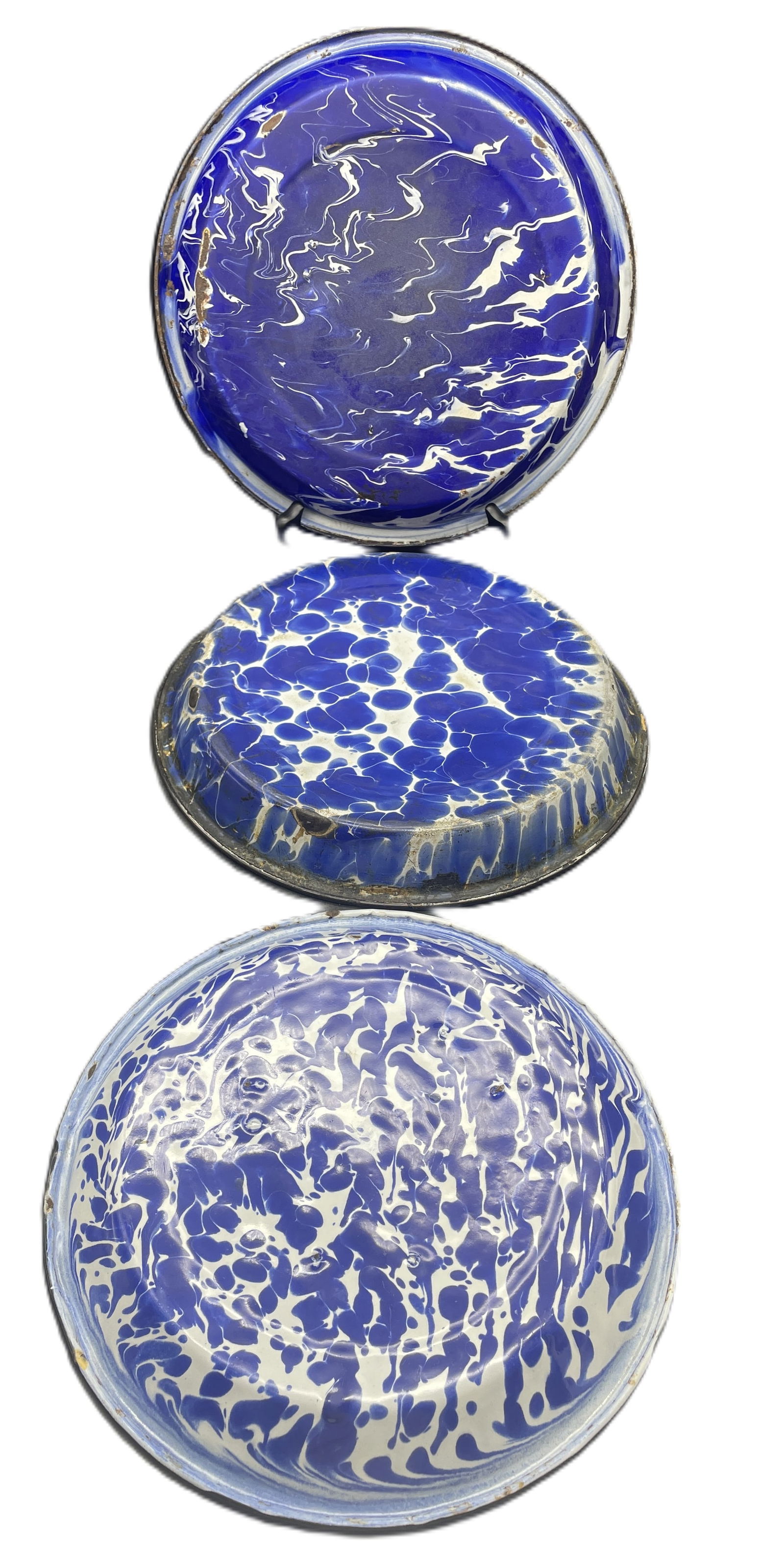 3 Antique Cobalt Blue & White Swirl Enamelware Pie Plate Graniteware Agate - 3