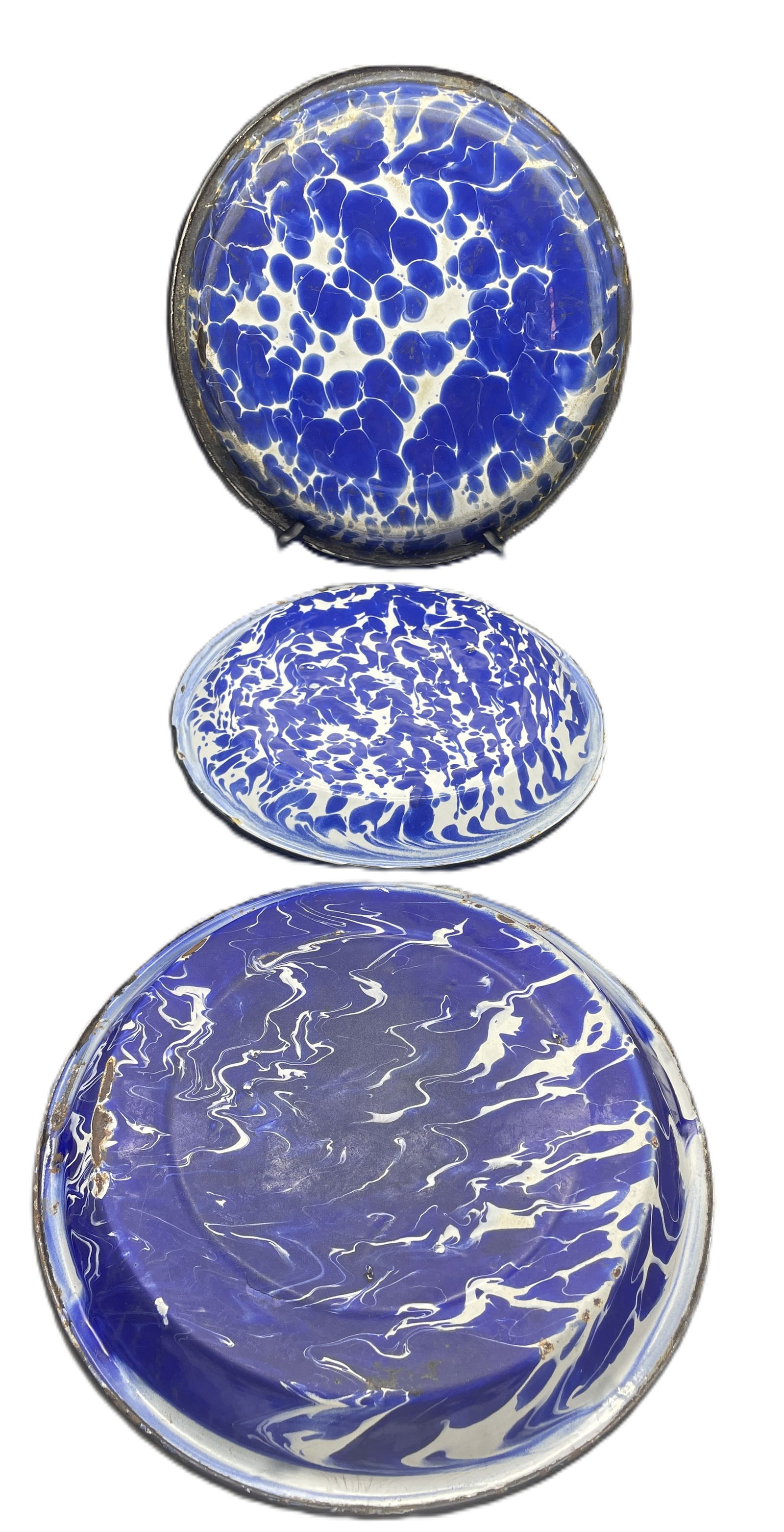3 Antique Cobalt Blue & White Swirl Enamelware Pie Plate Graniteware Agate - 4