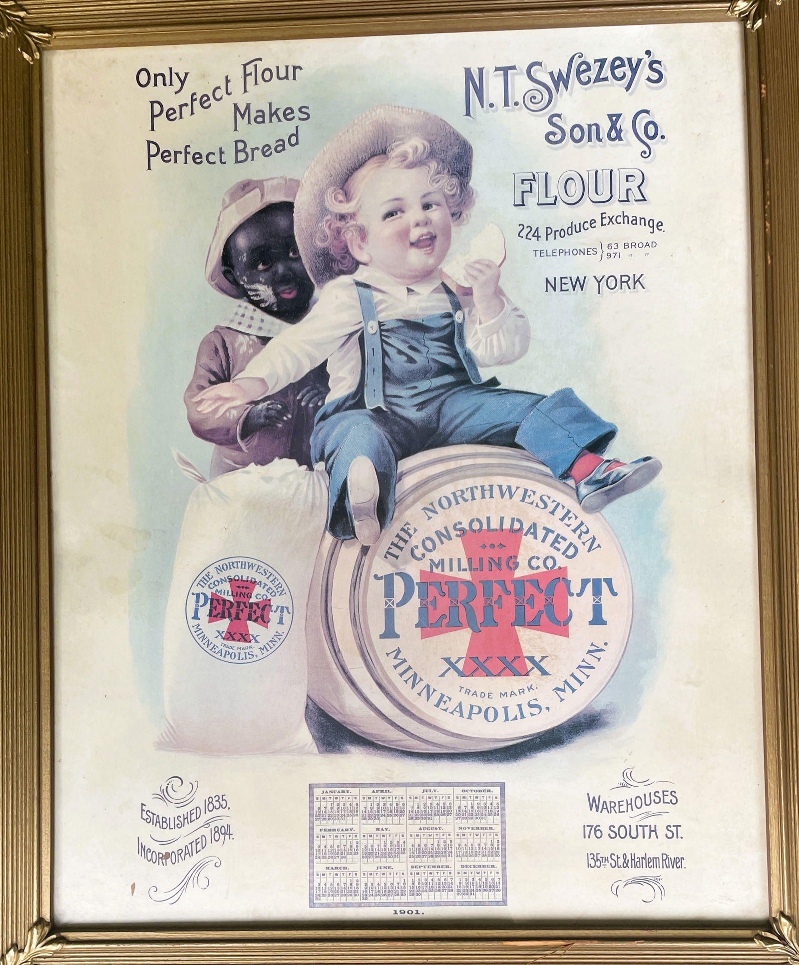 VINTAGE FRAMED N.T. SWEZEY'S PERFECT FLOUR PERFECT BREAD 1901 CALENDAR - 2