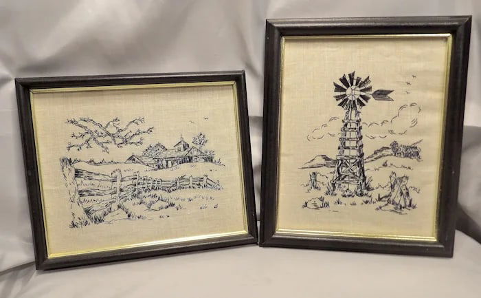 Vintage National Paragon Embroidered Windmill Farm: Hand-embroidered windmill and farm scenes (1975). Framed: 11 ½” x 9 ½”. Shipping: Domestic: Flat-rate of $17.00 to anywhere within the contiguous U.S. International: Foreign ship