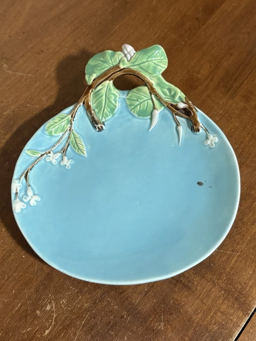 Turquoise Majolica George Jones Handled Dish (1 of 3)