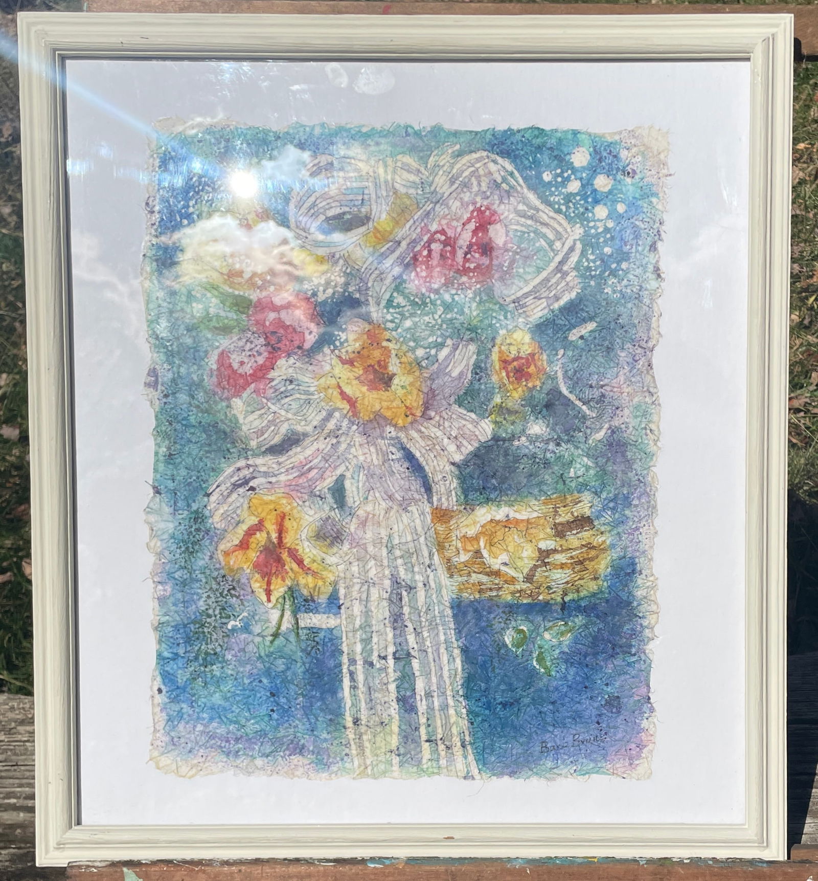 Beautiful Framed Watercolor Floral on handmade linen paper Signed Framed