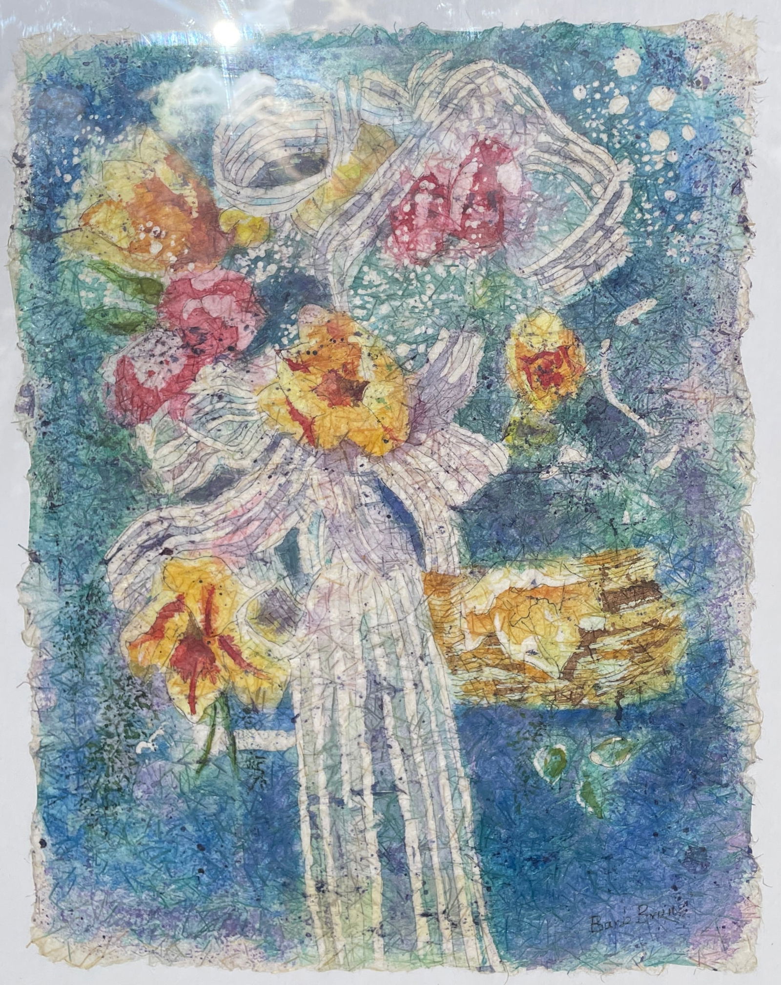 Beautiful Framed Watercolor Floral on handmade linen paper Signed Framed - 2