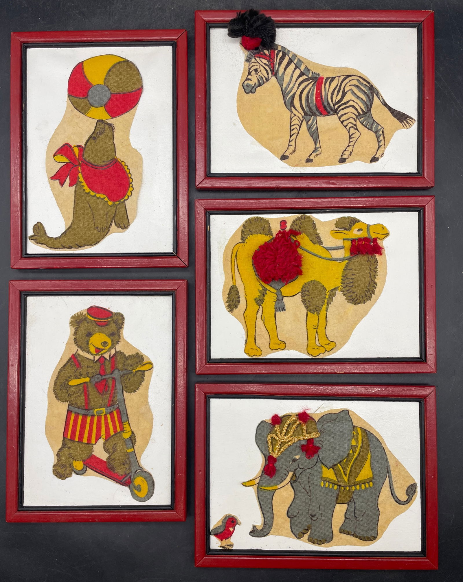 Vintage Framed Felt Circus Animals with Yarn Accents Adorable!: Date/Period: unknownDimension: Each approx. 6" x 7"Material: mixed materialsAdditional Information: Vintage Framed Felt Circus Animals with Yarn Accents Adorable! Shipping:Domestic: Flat-rate of