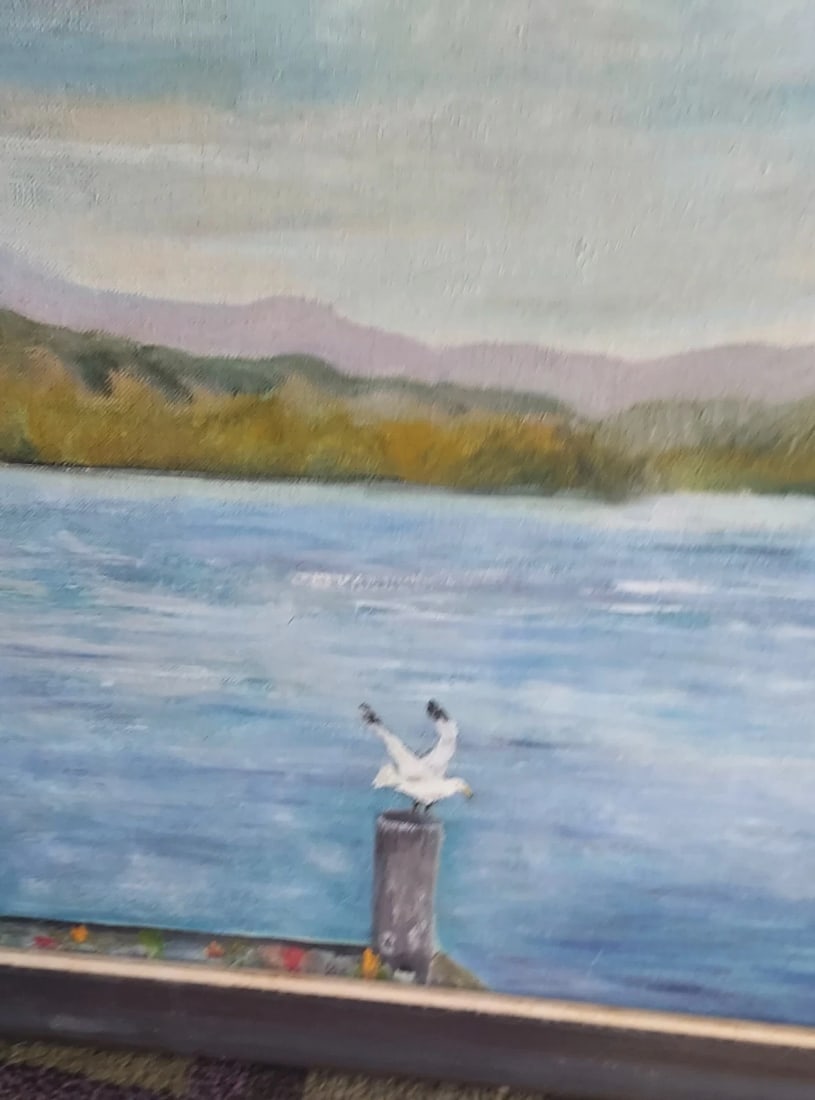 Lake Scene Adirondacks NY Seagull Painting On Board 1960 ESSEX NY Lake Champlain: Great looking piece in excellent condition. Love the coloring and lighting. . Measures approximately 18 x 24" plus frame. Shipping charges include insurance. BID WITH CONFIDENCE AS ALL ITEMS ARE