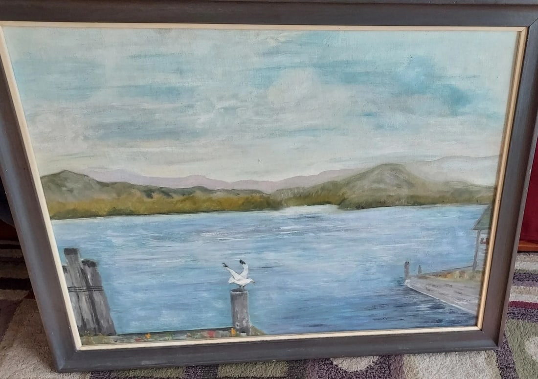 Lake Scene Adirondacks NY Seagull Painting On Board 1960 ESSEX NY Lake Champlain - 2