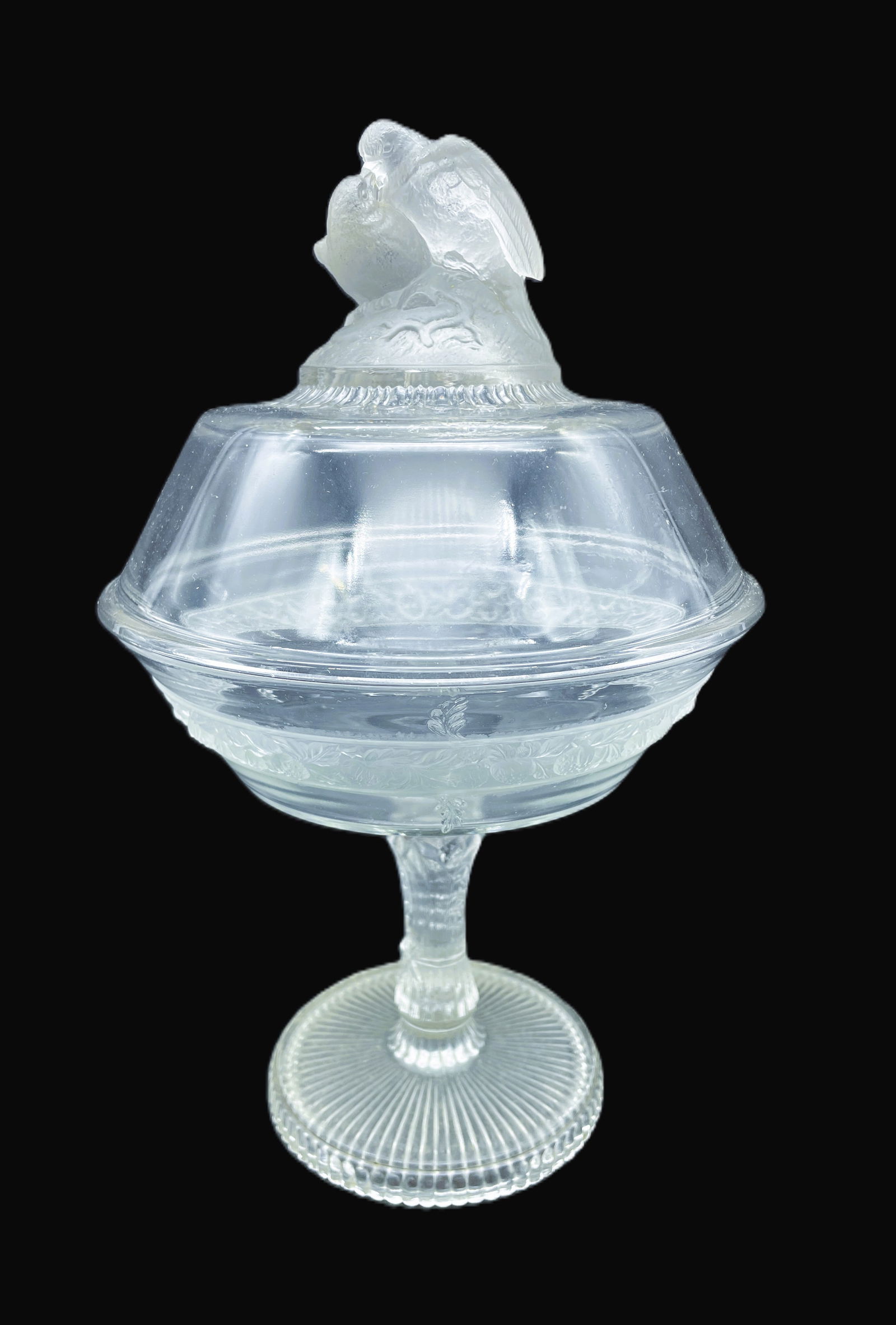 ANTIQUE GLASS COVERED COMPOTE LOVE BIRDS -C. 1870: Date/Period: late 1800'sDimension: approx. 9.5 in tall x 6 in diameterMaterial: glassAdditional Information: Antique Early American Patterned Glass Covered Compote Love Birds - 1870.This a beautiful