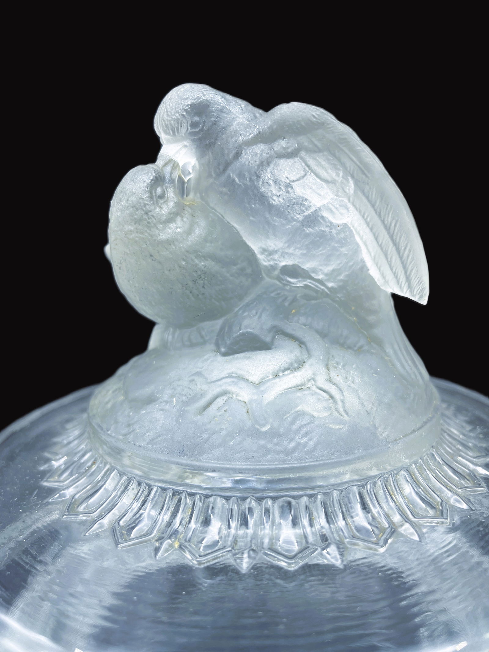 ANTIQUE GLASS COVERED COMPOTE LOVE BIRDS -C. 1870 - 2