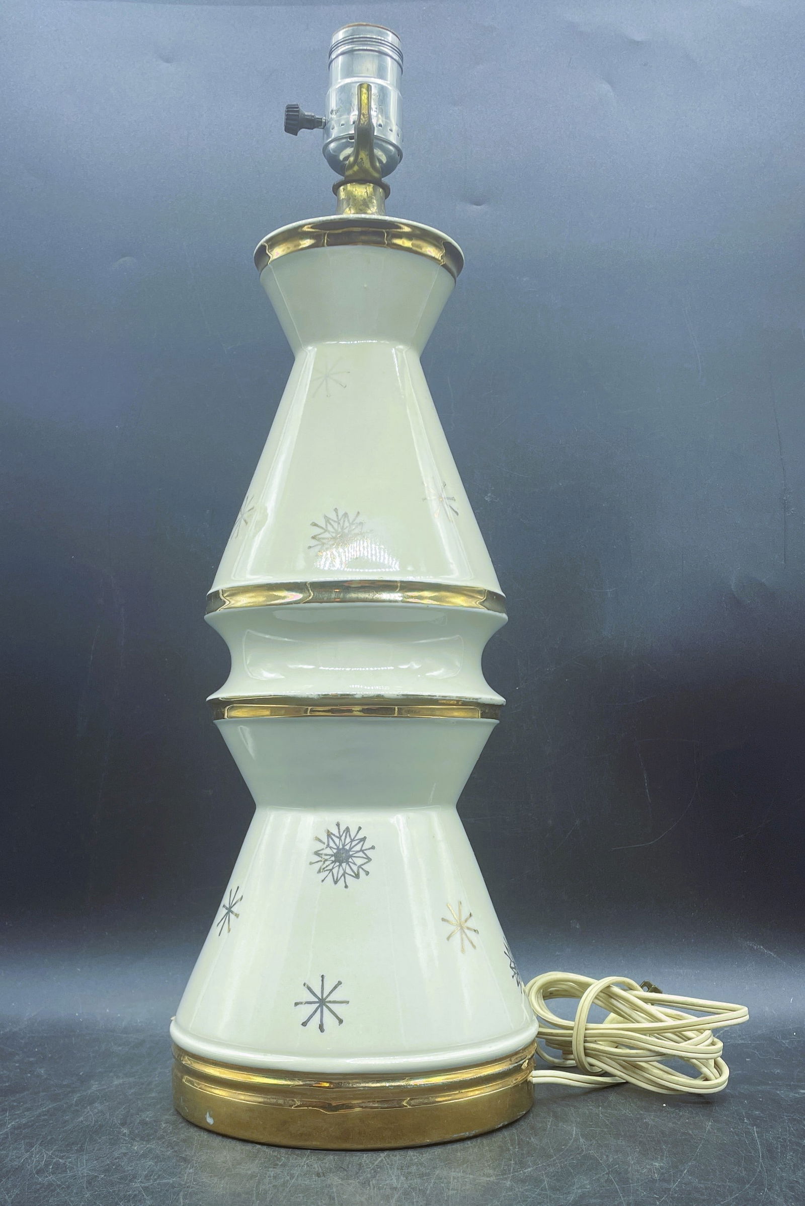 Atomic Cream Gold Snowflake Table Lamp MCM Mid-Century Modern - 4