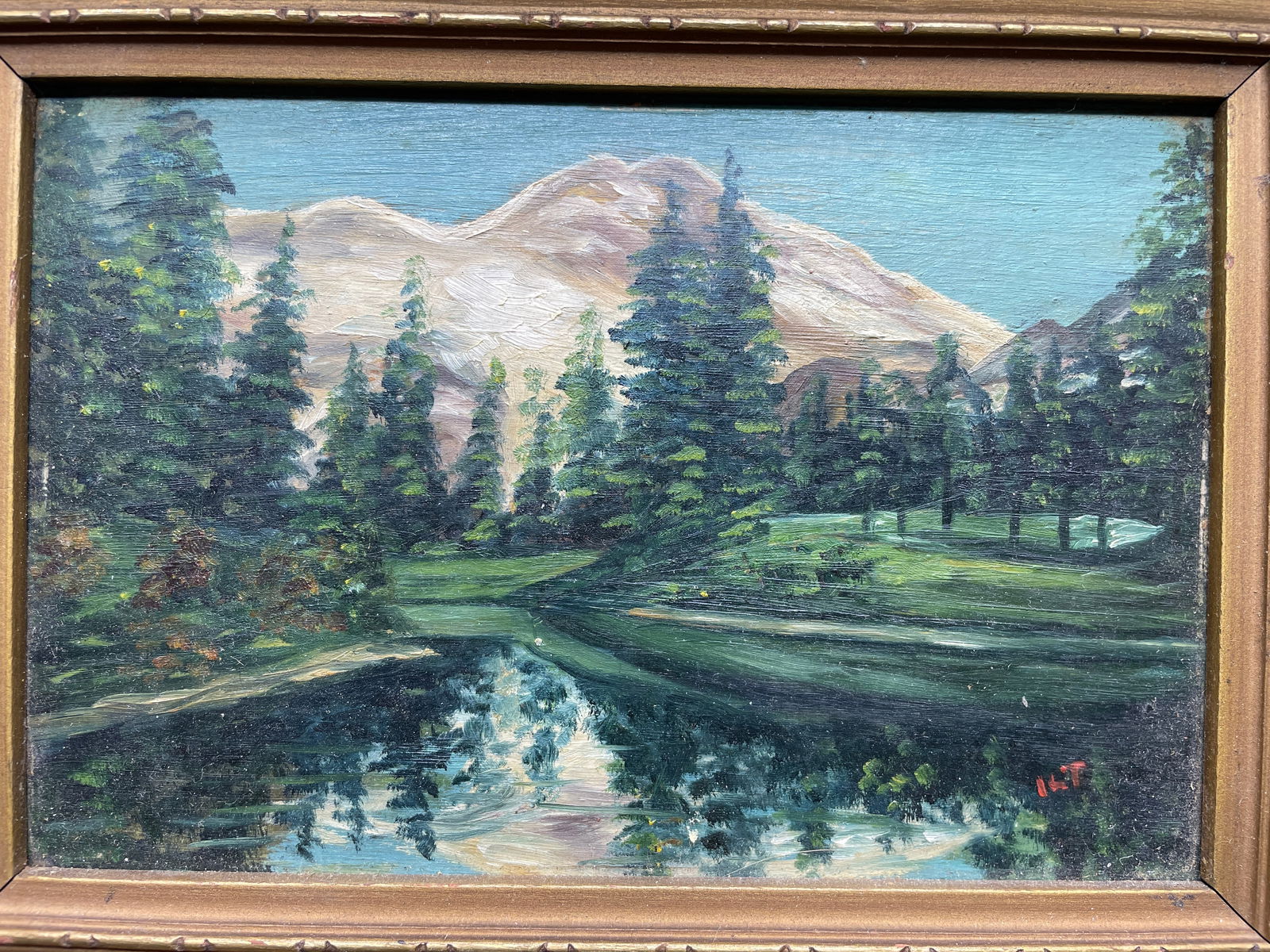 Miniature Primitive Mountain Landscape Painting Signed - 2