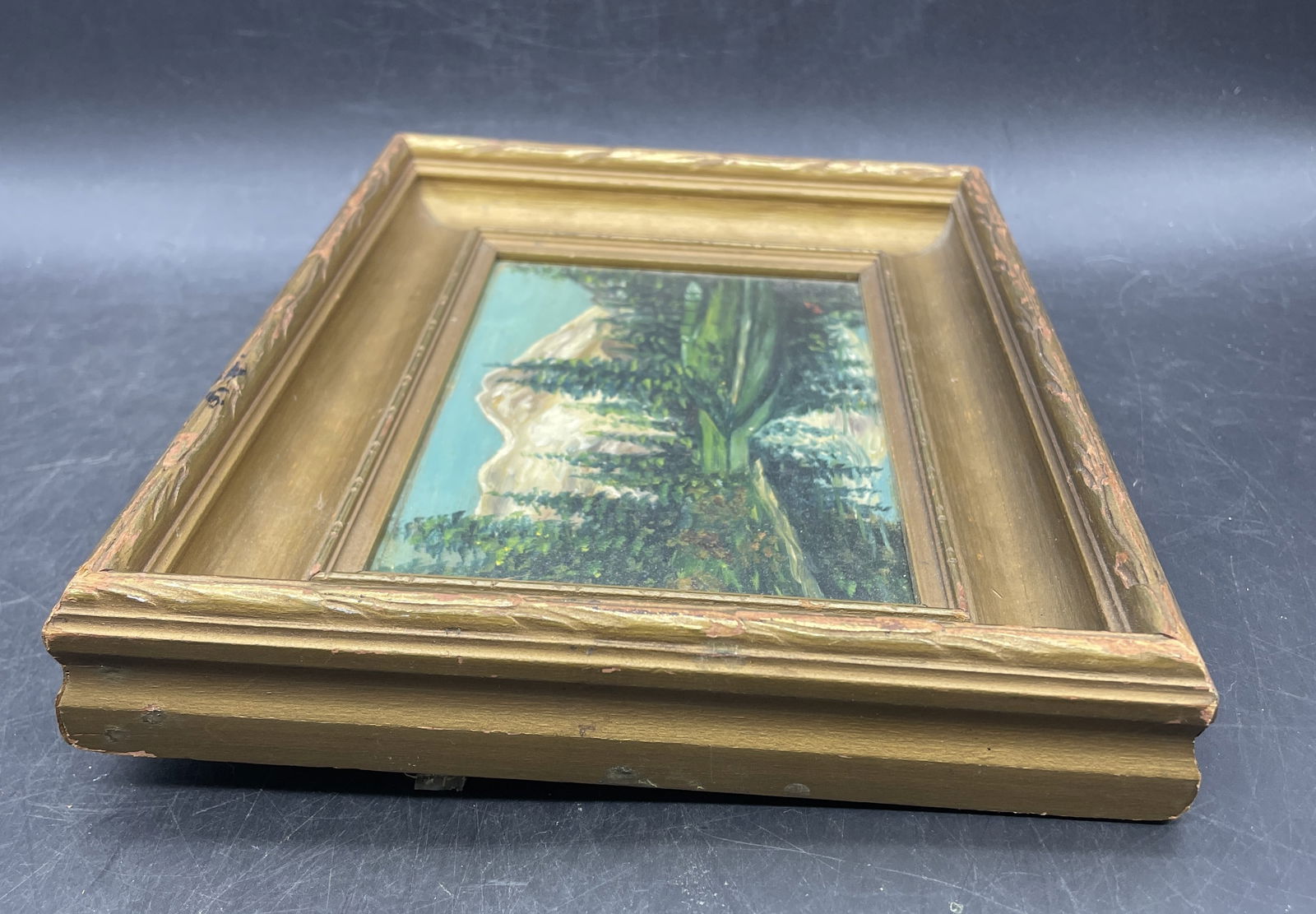 Miniature Primitive Mountain Landscape Painting Signed - 8