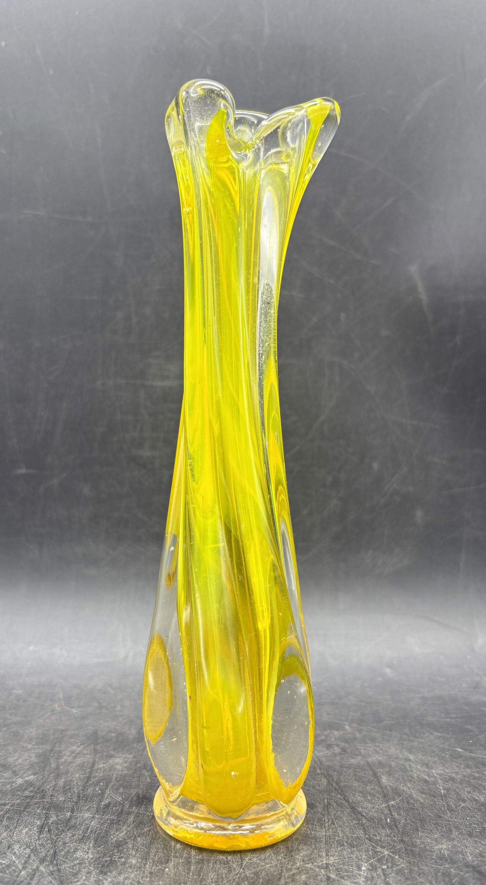 Vintage Yellow Murano Handblown Glass Flower Bud Vase Twisted Stem Petal Mouth - 2