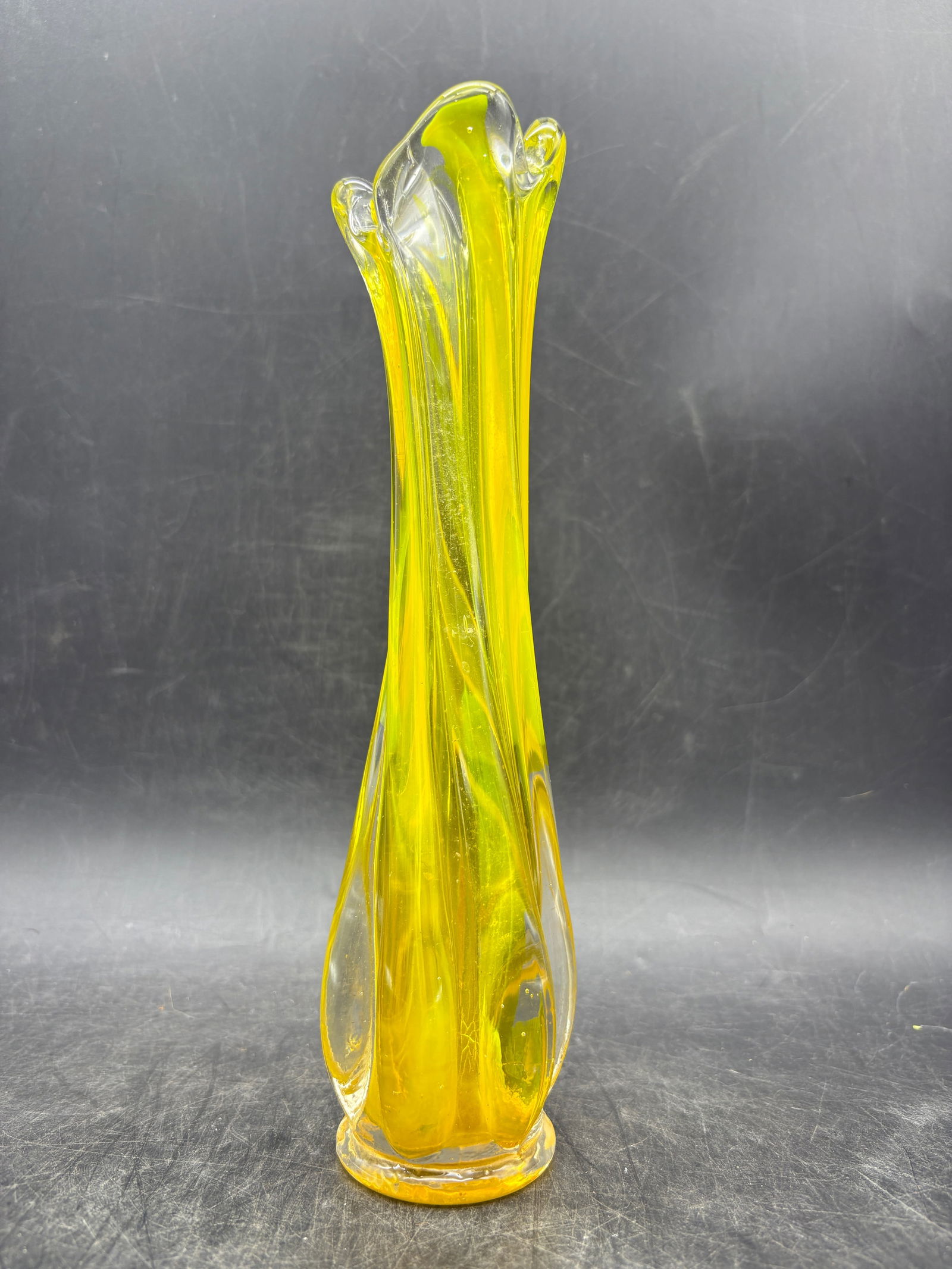 Vintage Yellow Murano Handblown Glass Flower Bud Vase Twisted Stem Petal Mouth - 3