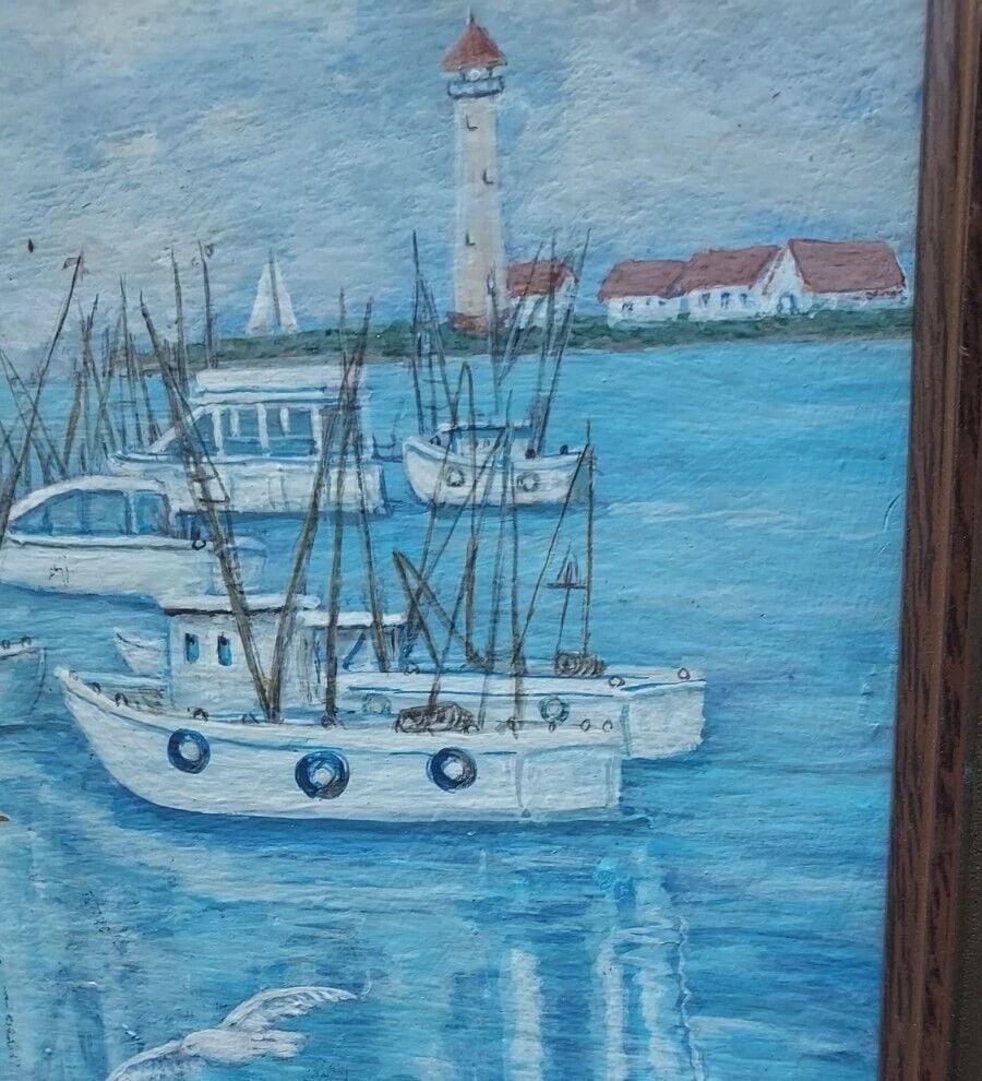 Harbor scene modern oil painting nice boats colors lighthouse - 2