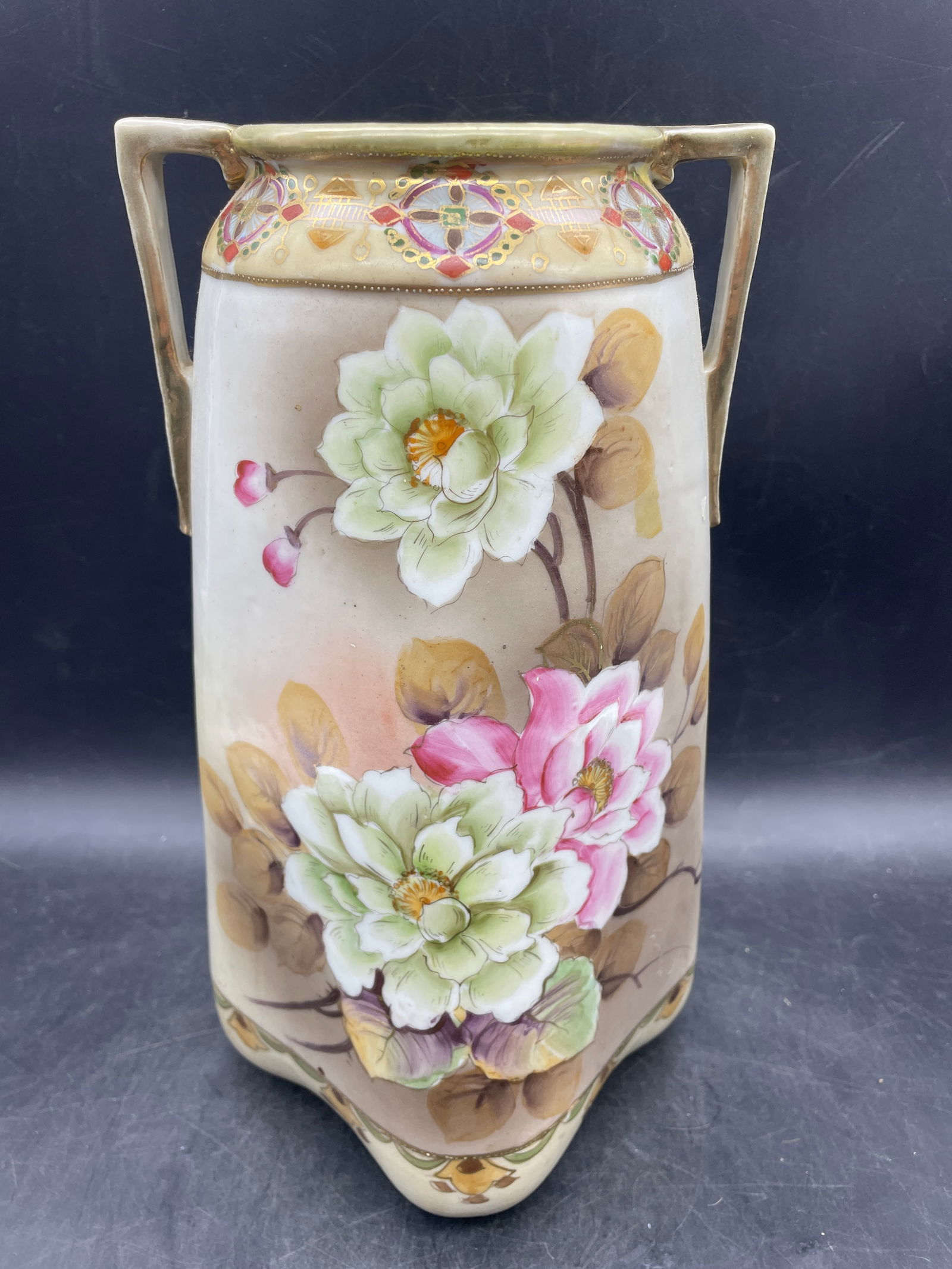 Antique Double Handle Vase Hand Painted 12" tall: Date/Period: unknownDimension: Approx. 12" tallMaterial: porcelain ceramicAdditional Information: Antique Double Handle Vase Hand Painted 12" tall Shipping:Domestic: Flat-rate of $20.00 to anywhere