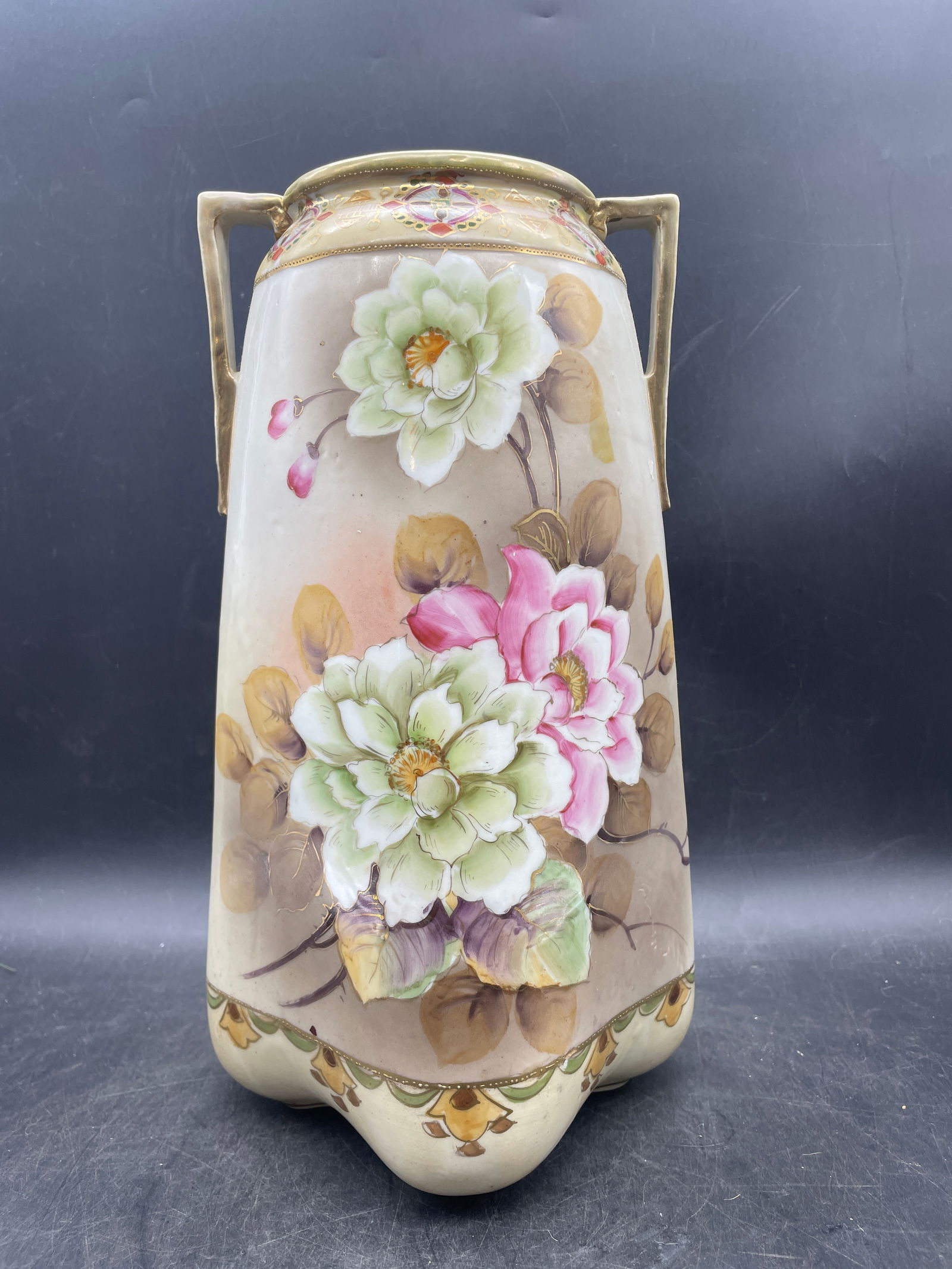 Antique Double Handle Vase Hand Painted 12" tall - 2