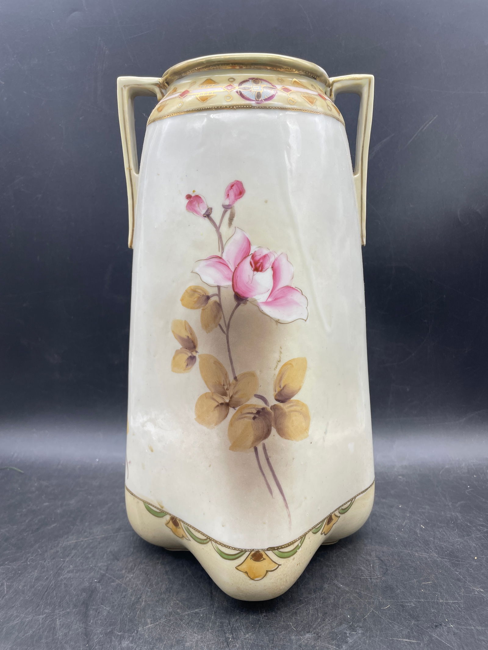 Antique Double Handle Vase Hand Painted 12" tall - 4