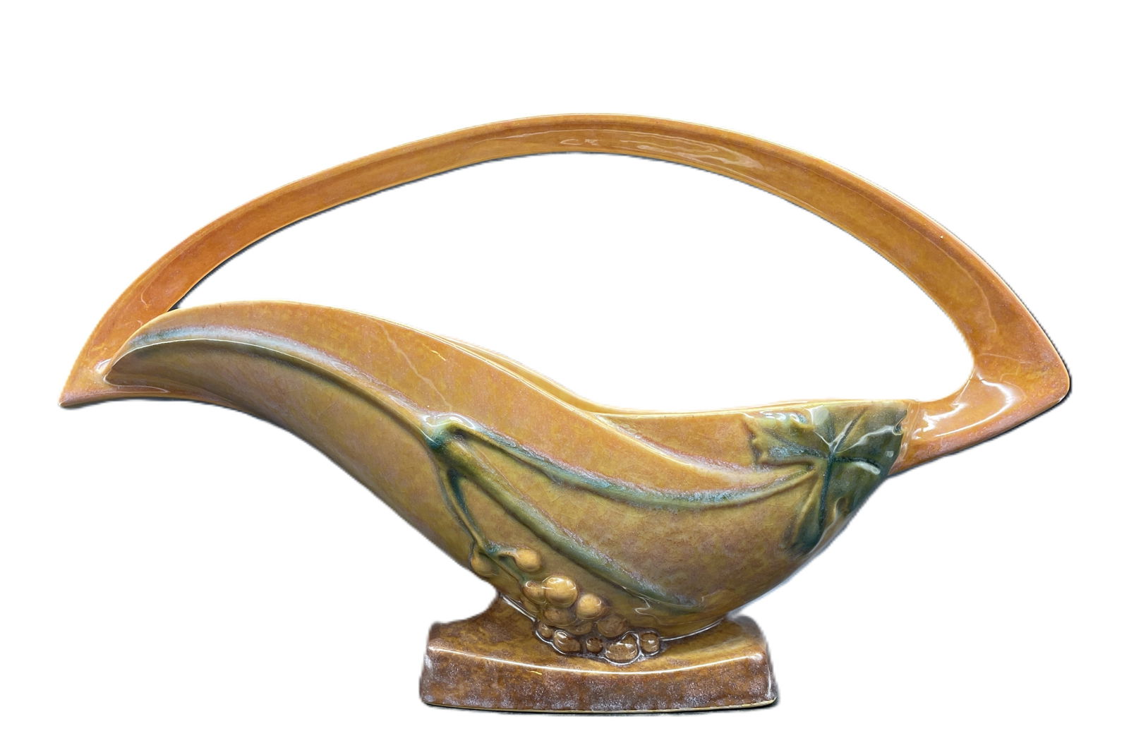 Roseville Wincraft Apricot 1948 Mid Century Modern Pottery Basket Vase # 209-12: Date/Period: approx. 1940's Dimension: Approx. 8.5" tall x 12" wide x 5" Material: pottery Additional Information: This beautiful Roseville Wincraft pottery vase is a stunning addition to any mid-cent