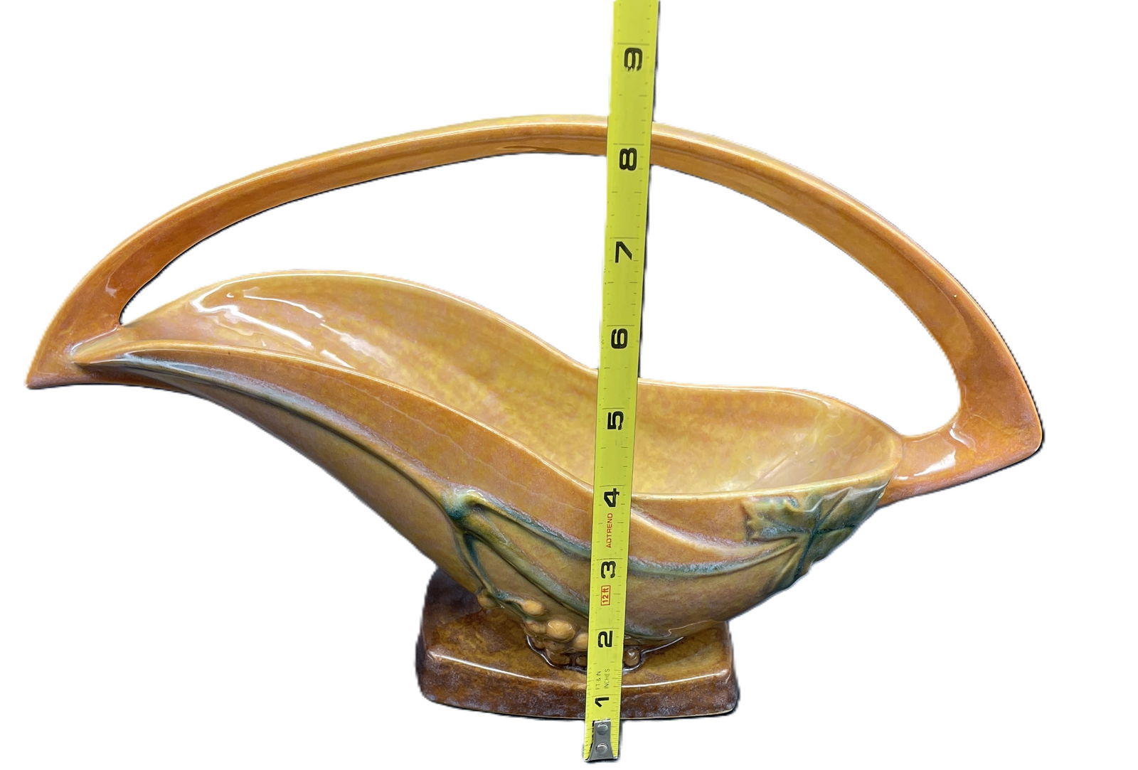 Roseville Wincraft Apricot 1948 Mid Century Modern Pottery Basket Vase # 209-12 - 8