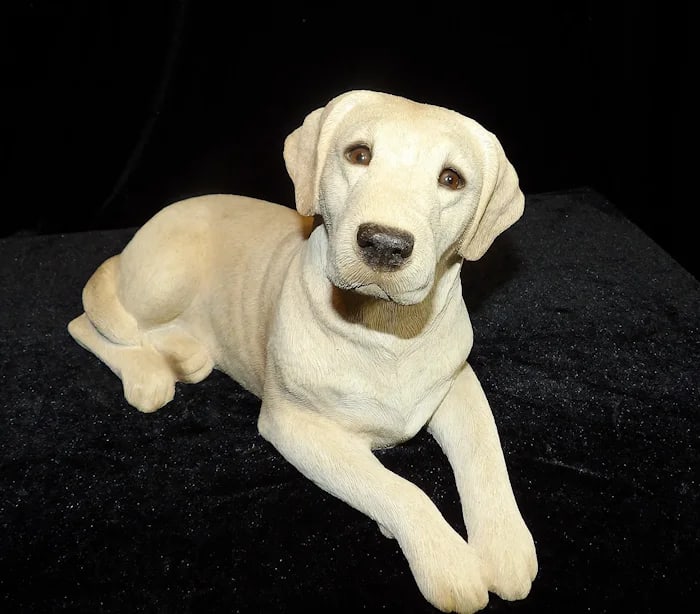 Yellow Labrador Sculpture Signed Sandra Brue: A Sandicast yellow Labrador figurine realistically sculpted and signed by artist Sandra Brue. Shipping:Domestic: Flat-rate of $26.00 to anywhere within the contiguous U.S.International: Foreign