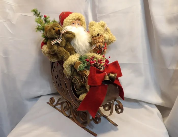 Vintage Santa Bears Tree Bow Decoration: Whimsical vintage Christmas decoration featuring plush Santa bears climbing a festive tree accented with a large red bow. Shipping: Domestic: Flat-rate of $45.00 to anywhere within the contiguous U.S.