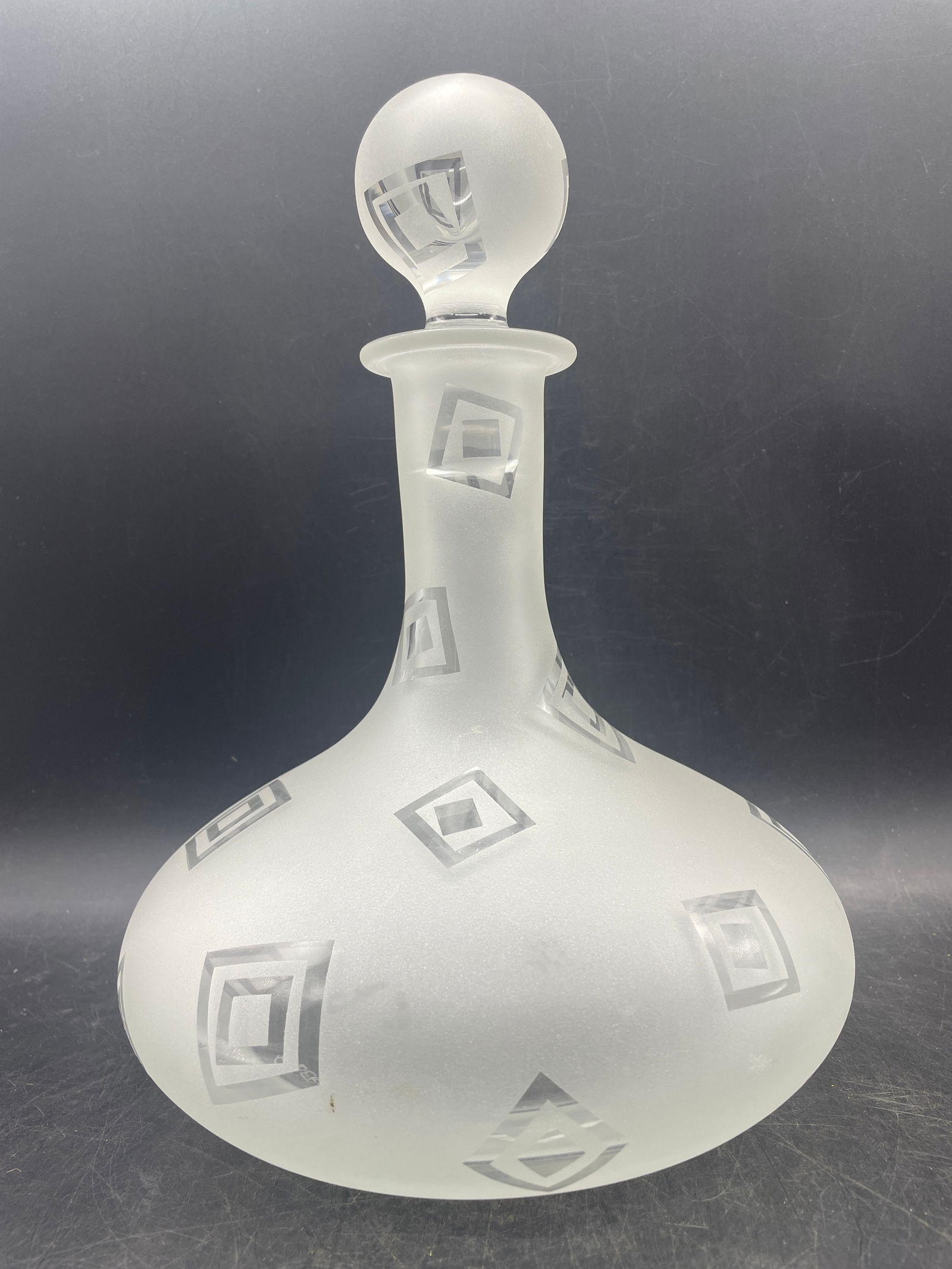 Art Glass Decanter Robert McCandless Signed, Etched Frosted Geometric Pattern - 3