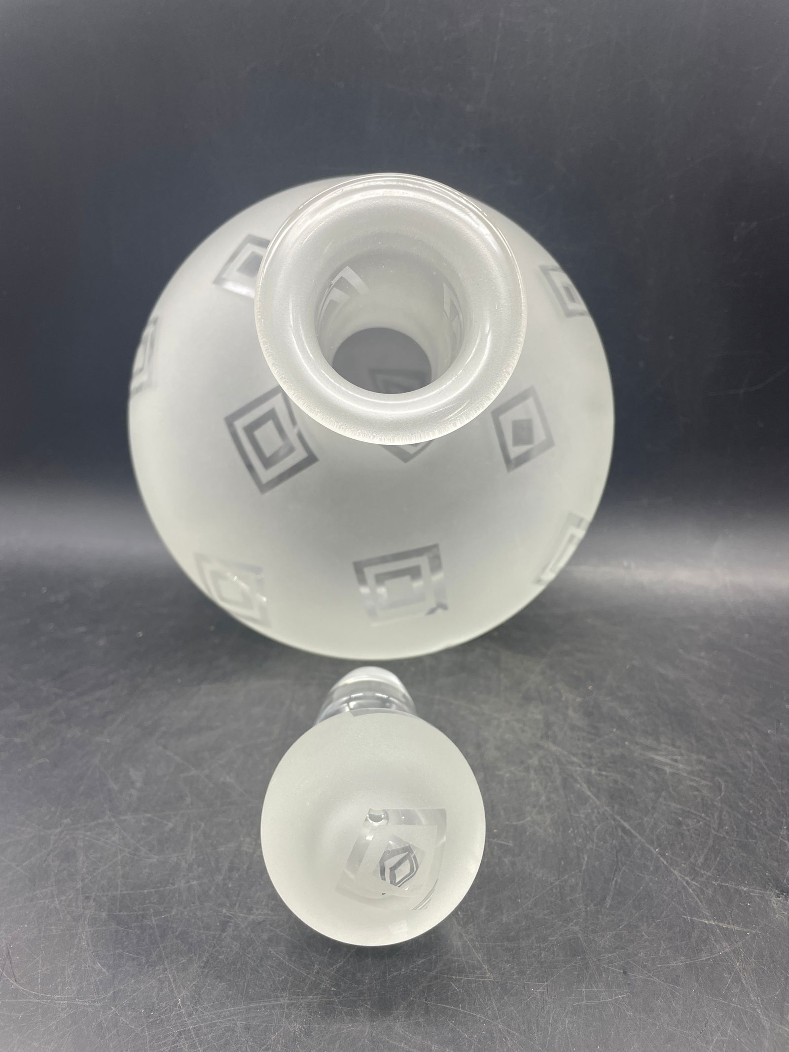 Art Glass Decanter Robert McCandless Signed, Etched Frosted Geometric Pattern - 4