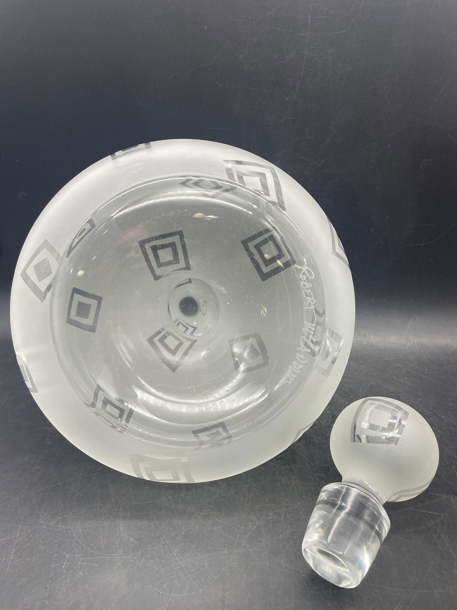 Art Glass Decanter Robert McCandless Signed, Etched Frosted Geometric Pattern - 5